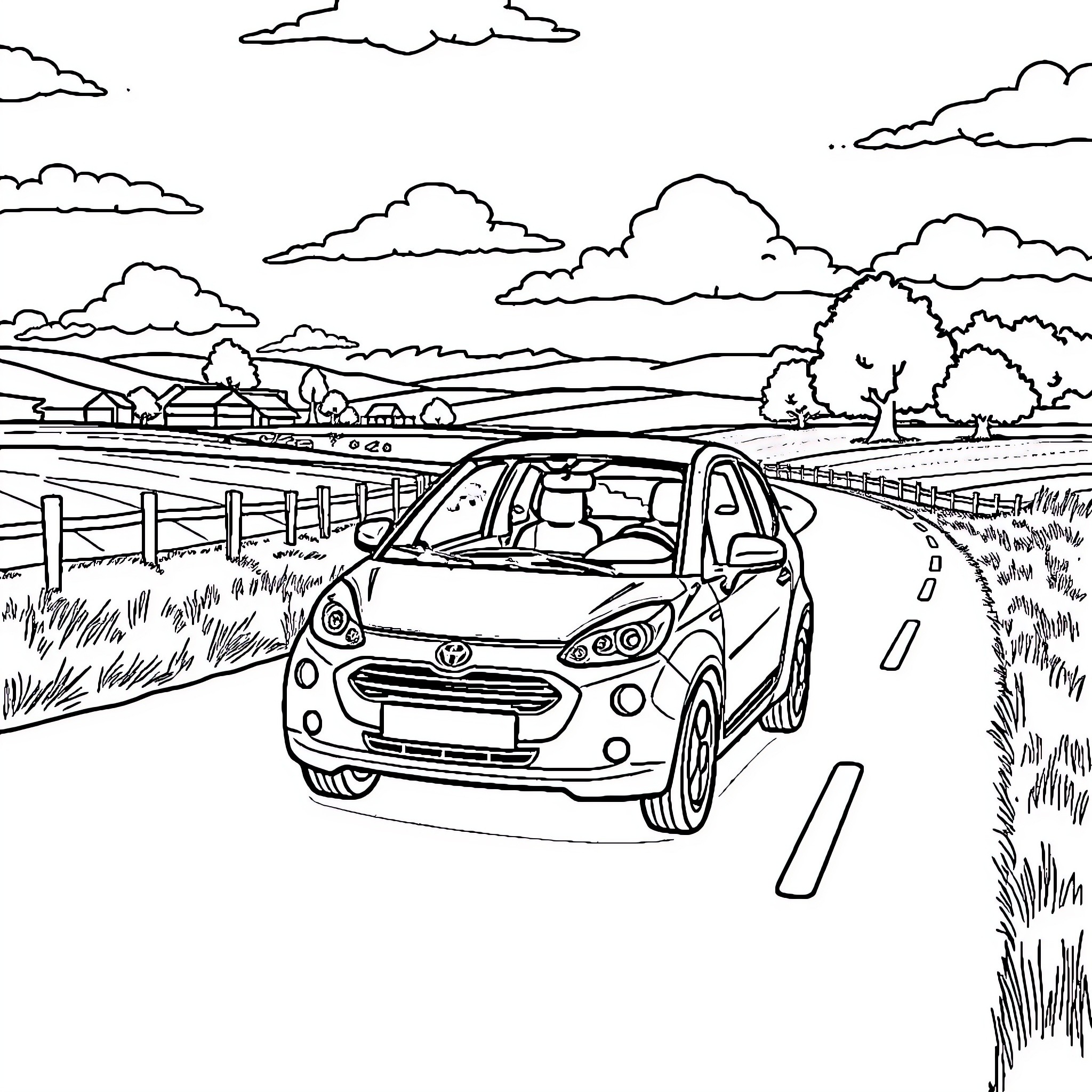 Automobile driving on a countryside road Coloring Page (free black-and-white line drawing printable PDF for all, from beginners to advanced learners, including children, teens, adults, and seniors)