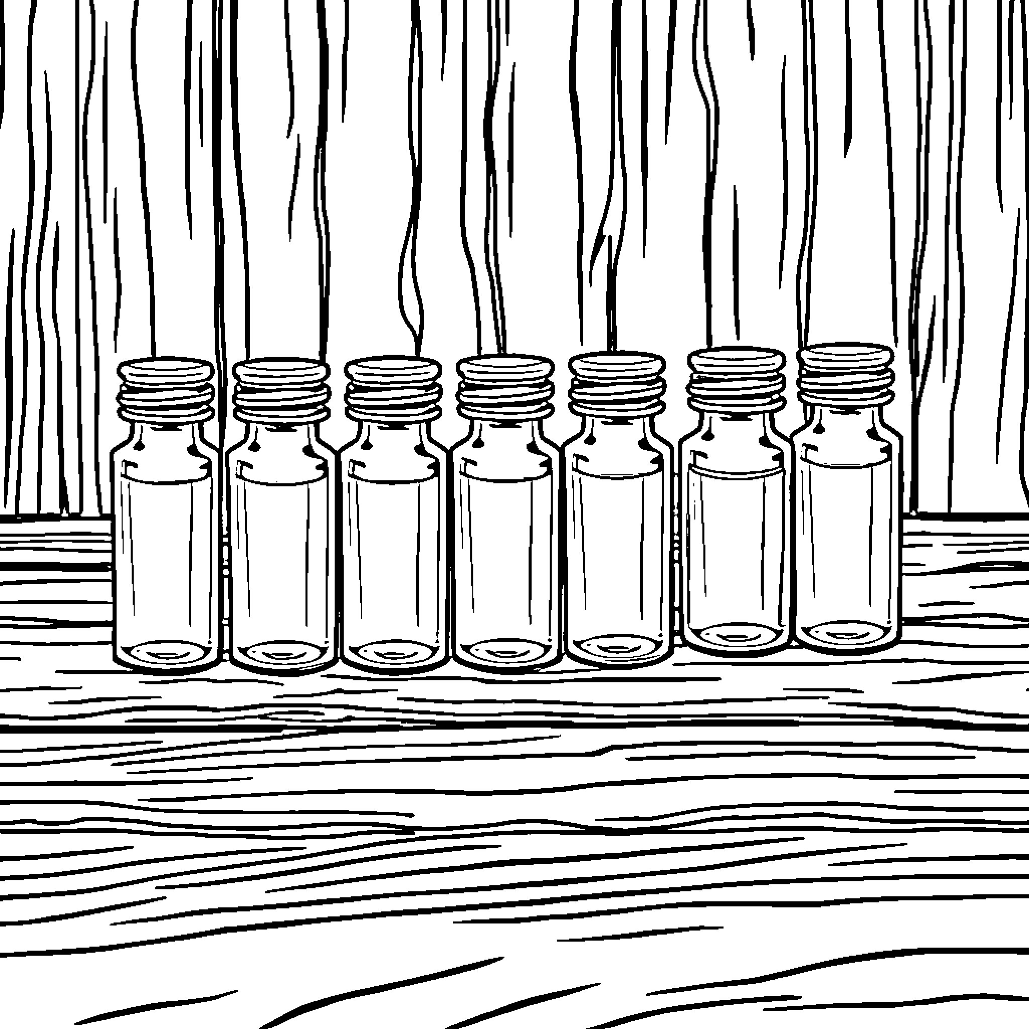 Vial collection arranged neatly on a wooden surface Coloring Page (free black-and-white line drawing printable PDF for all, from beginners to advanced learners, including children, teens, adults, and seniors)
