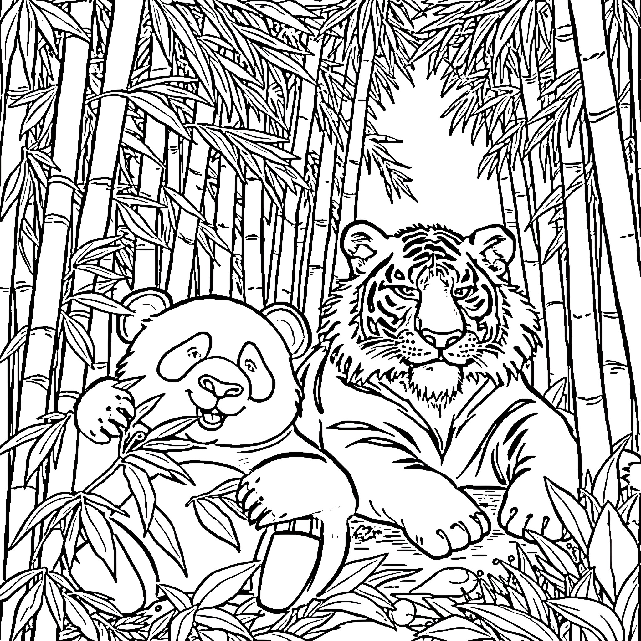 Panda and Tiger Exploring the Bamboo Forest Coloring Page (free black-and-white line drawing printable PDF for all, from beginners to advanced learners, including children, teens, adults, and seniors)