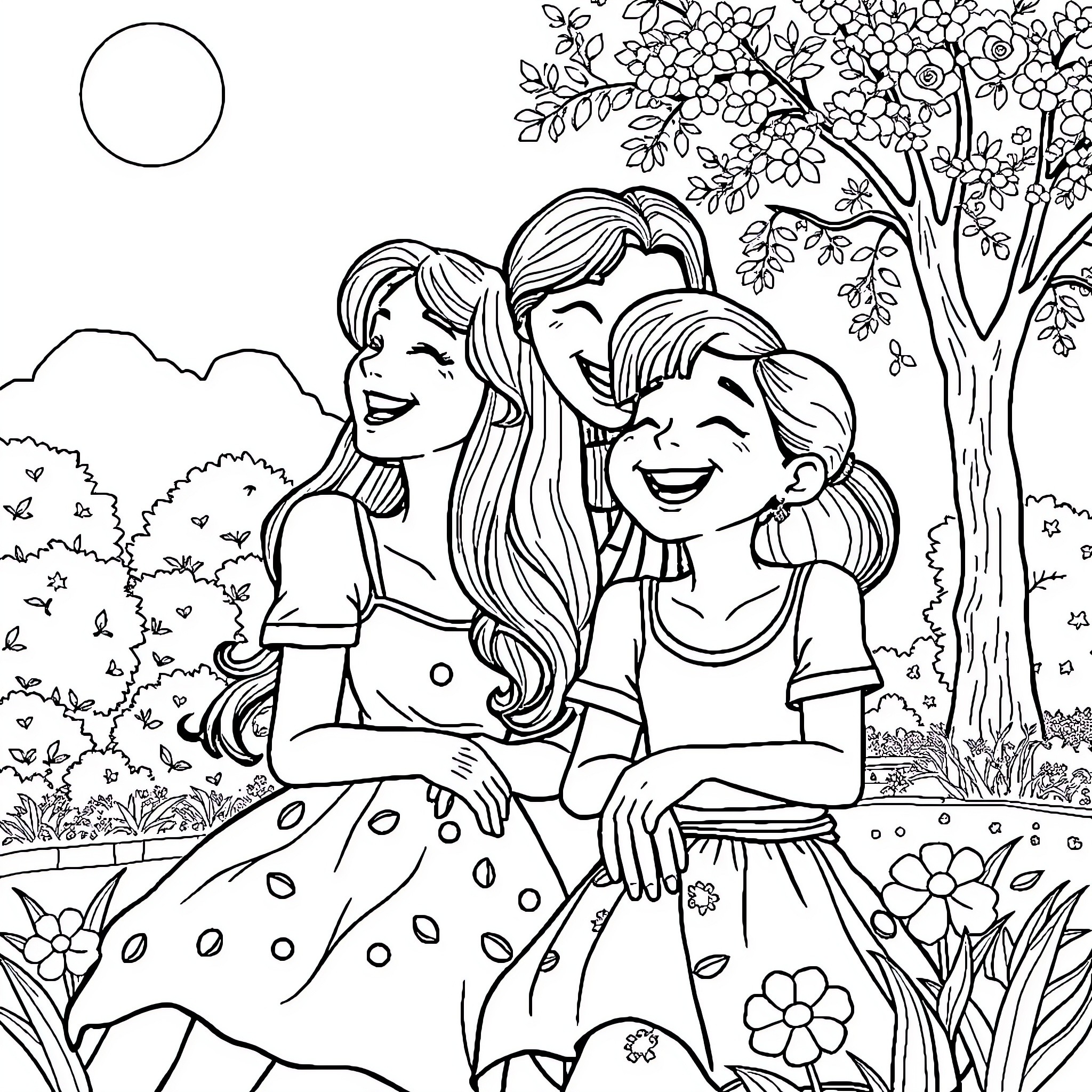 Vaïna: Two girls enjoying nature's beauty Coloring Page (free black-and-white line drawing printable PDF for all, from beginners to advanced learners, including children, teens, adults, and seniors)