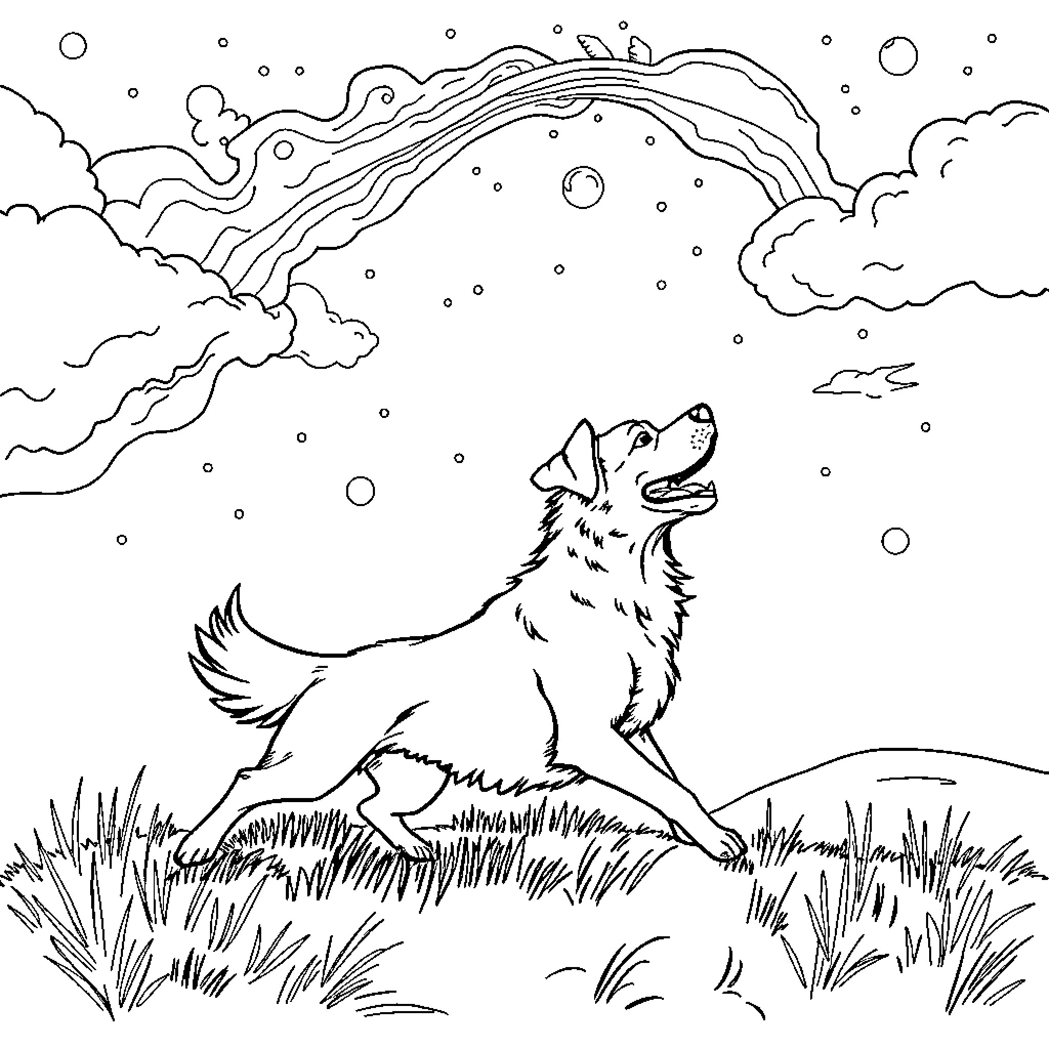 Dog playing in the snowy landscape Coloring Page (free black-and-white line drawing printable PDF for all, from beginners to advanced learners, including children, teens, adults, and seniors)