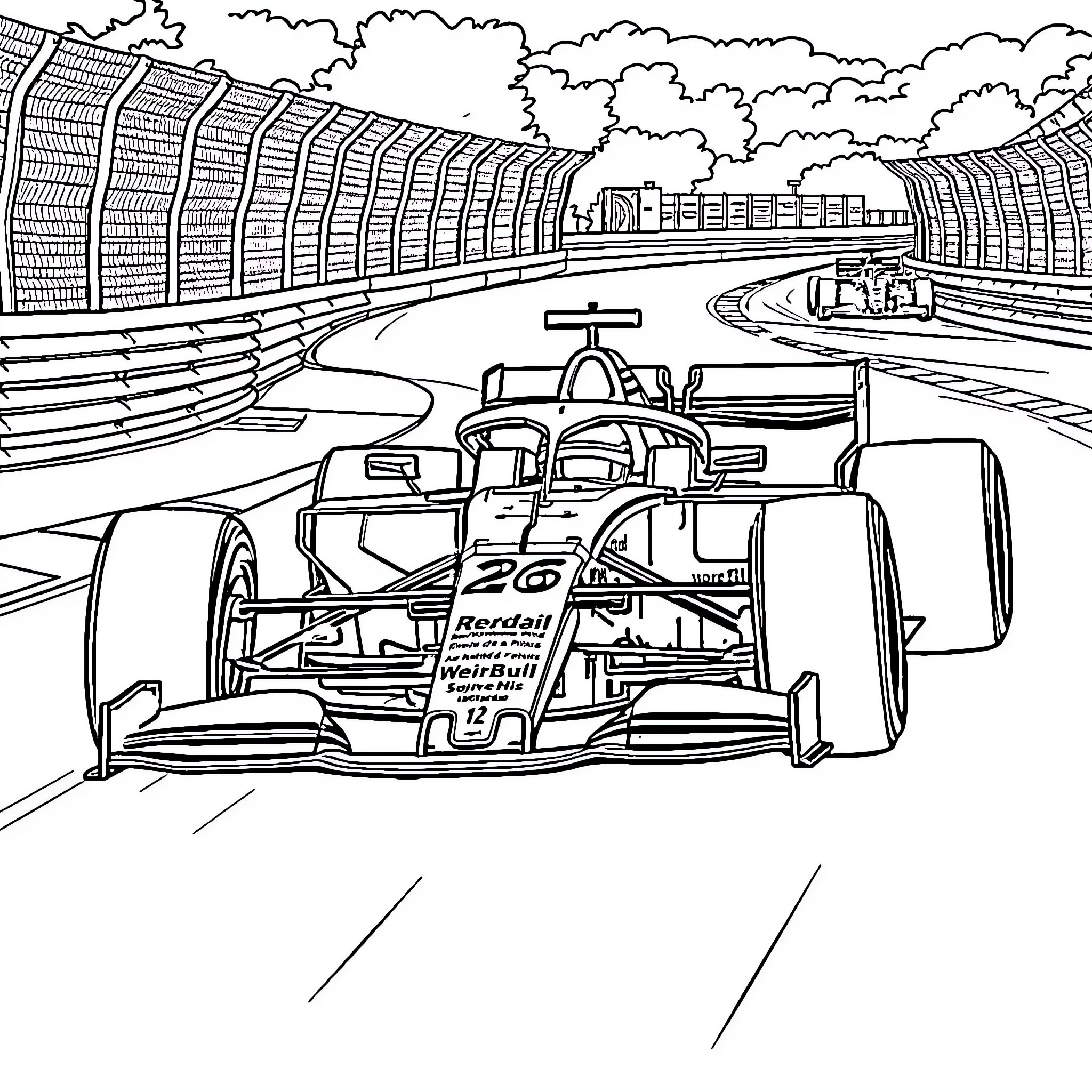 F1 Race Cars Speeding on Track Coloring Page (free black-and-white line drawing printable PDF for all, from beginners to advanced learners, including children, teens, adults, and seniors)