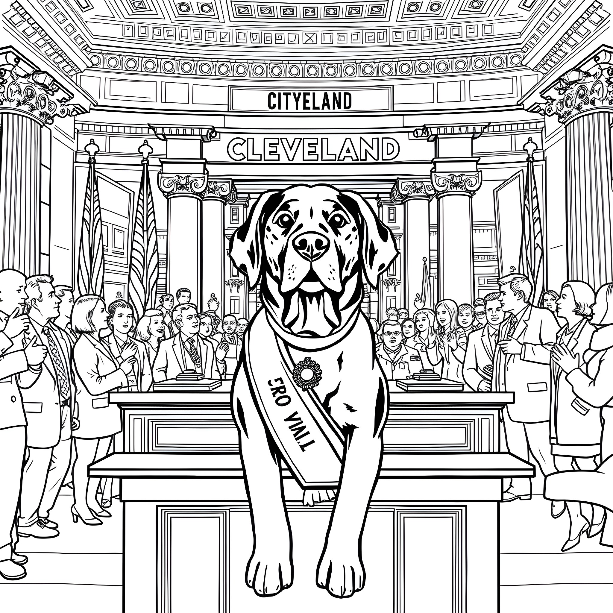 Labrador dog presiding over the Cleveland city council Coloring Page (free black-and-white line drawing printable PDF for all, from beginners to advanced learners, including children, teens, adults, and seniors)