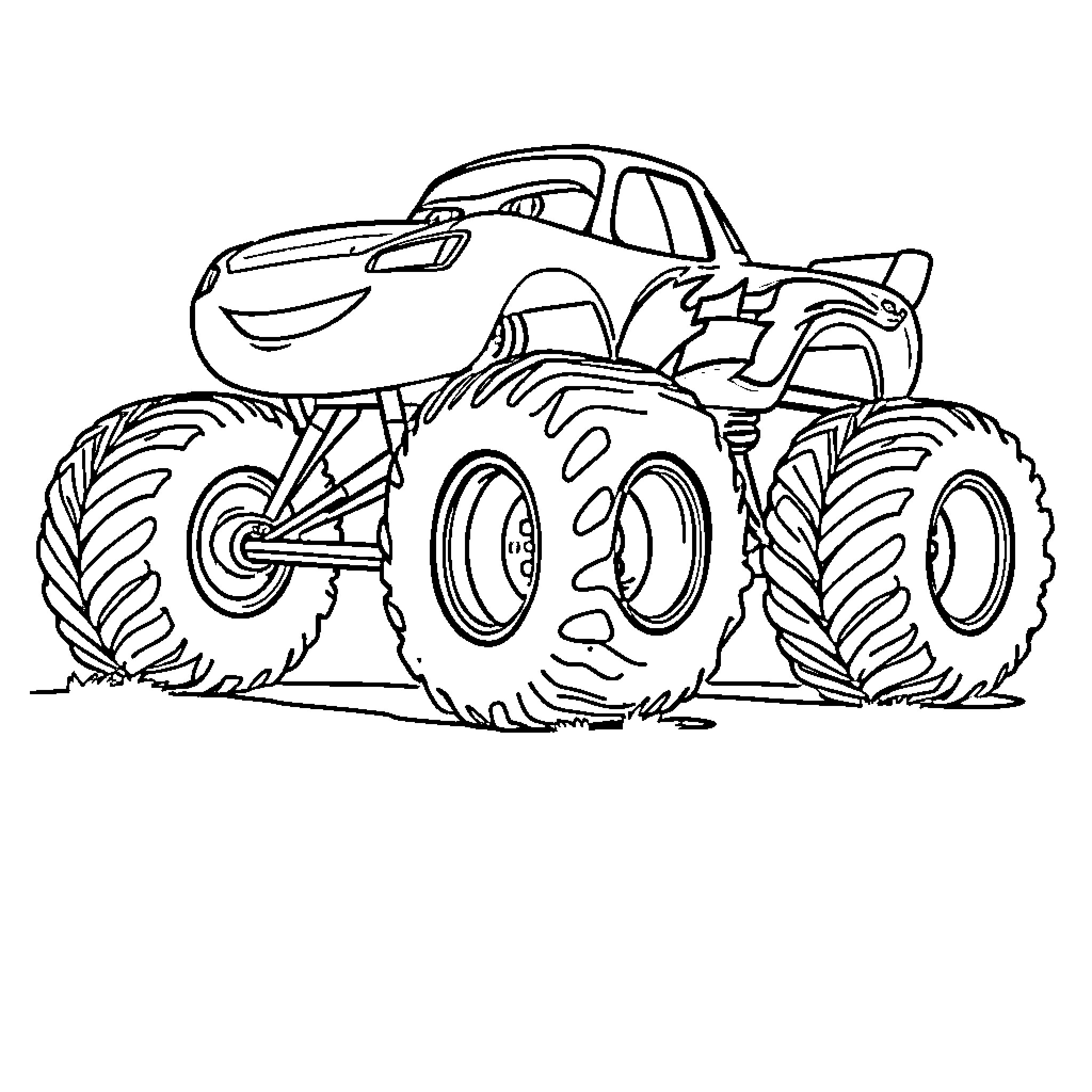 Monster Truck Performing Stunt Maneuvers Coloring Page (free black-and-white line drawing printable PDF for all, from beginners to advanced learners, including children, teens, adults, and seniors)