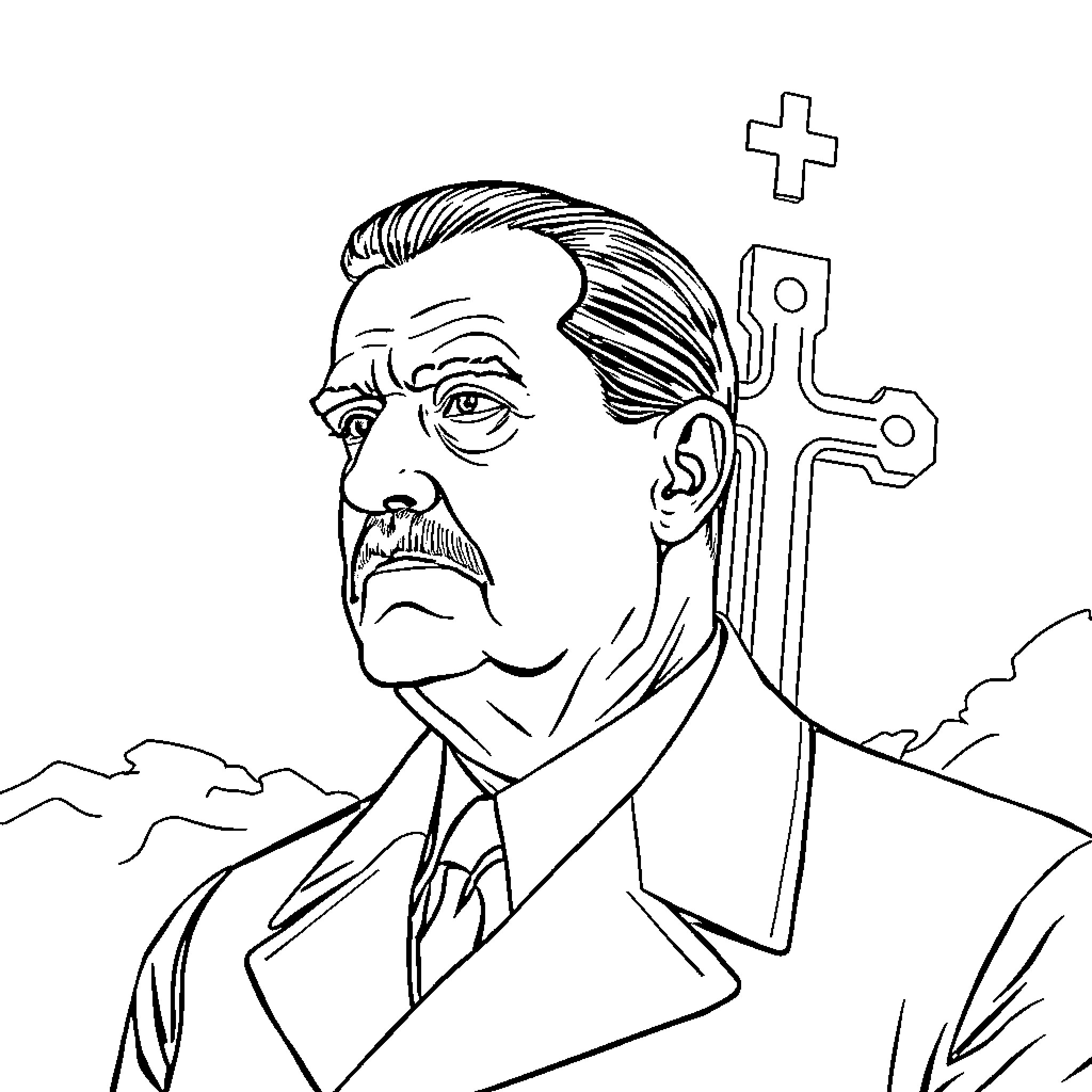 General de Gaulle in thoughtful contemplation Coloring Page (free black-and-white line drawing printable PDF for all, from beginners to advanced learners, including children, teens, adults, and seniors)