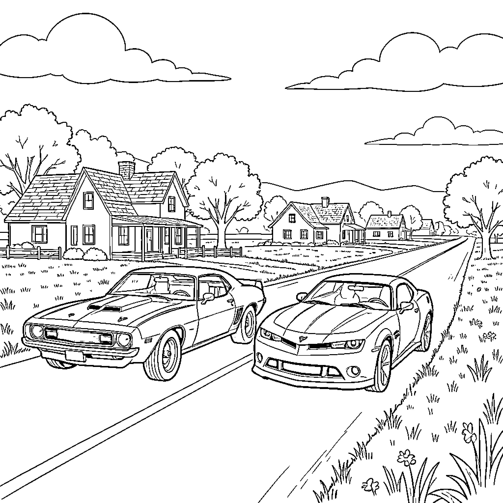 Camaro driving along a scenic countryside road Coloring Page (free black-and-white line drawing printable PDF for all, from beginners to advanced learners, including children, teens, adults, and seniors)