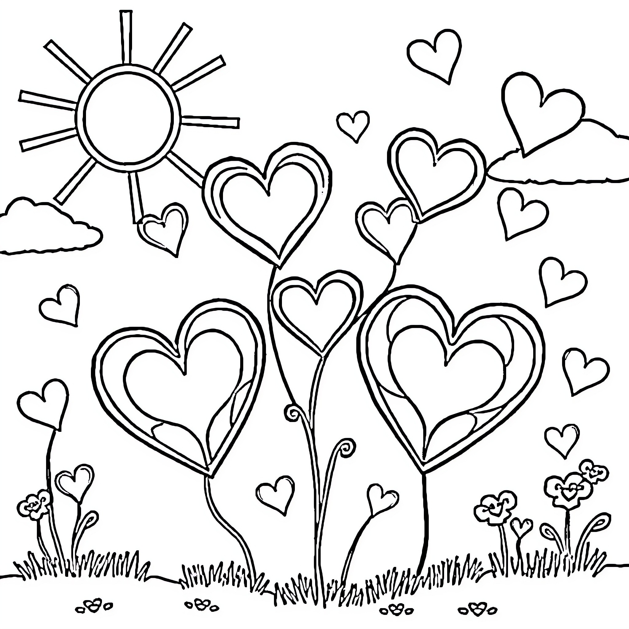 Heart-shaped flowers blooming under the sun Coloring Page (free black-and-white line drawing printable PDF for all, from beginners to advanced learners, including children, teens, adults, and seniors)