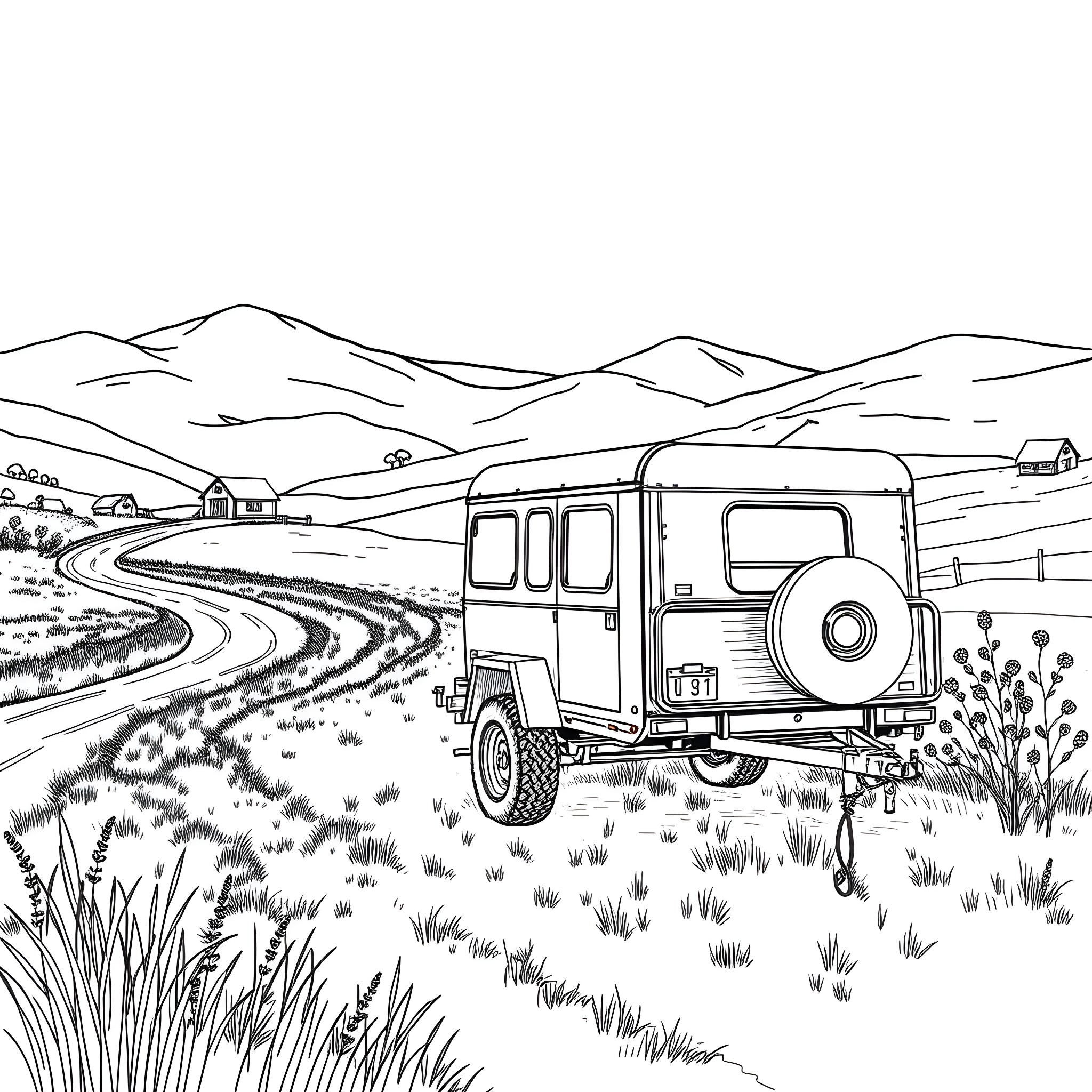 Car Trailer Enjoying the Scenic Countryside Coloring Page (free black-and-white line drawing printable PDF for all, from beginners to advanced learners, including children, teens, adults, and seniors)