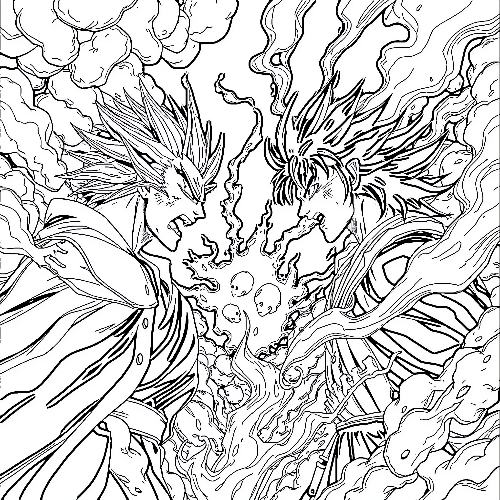 Gojo's Flaming Spirits Clash Coloring Page (free black-and-white line drawing printable PDF for all, from beginners to advanced learners, including children, teens, adults, and seniors)