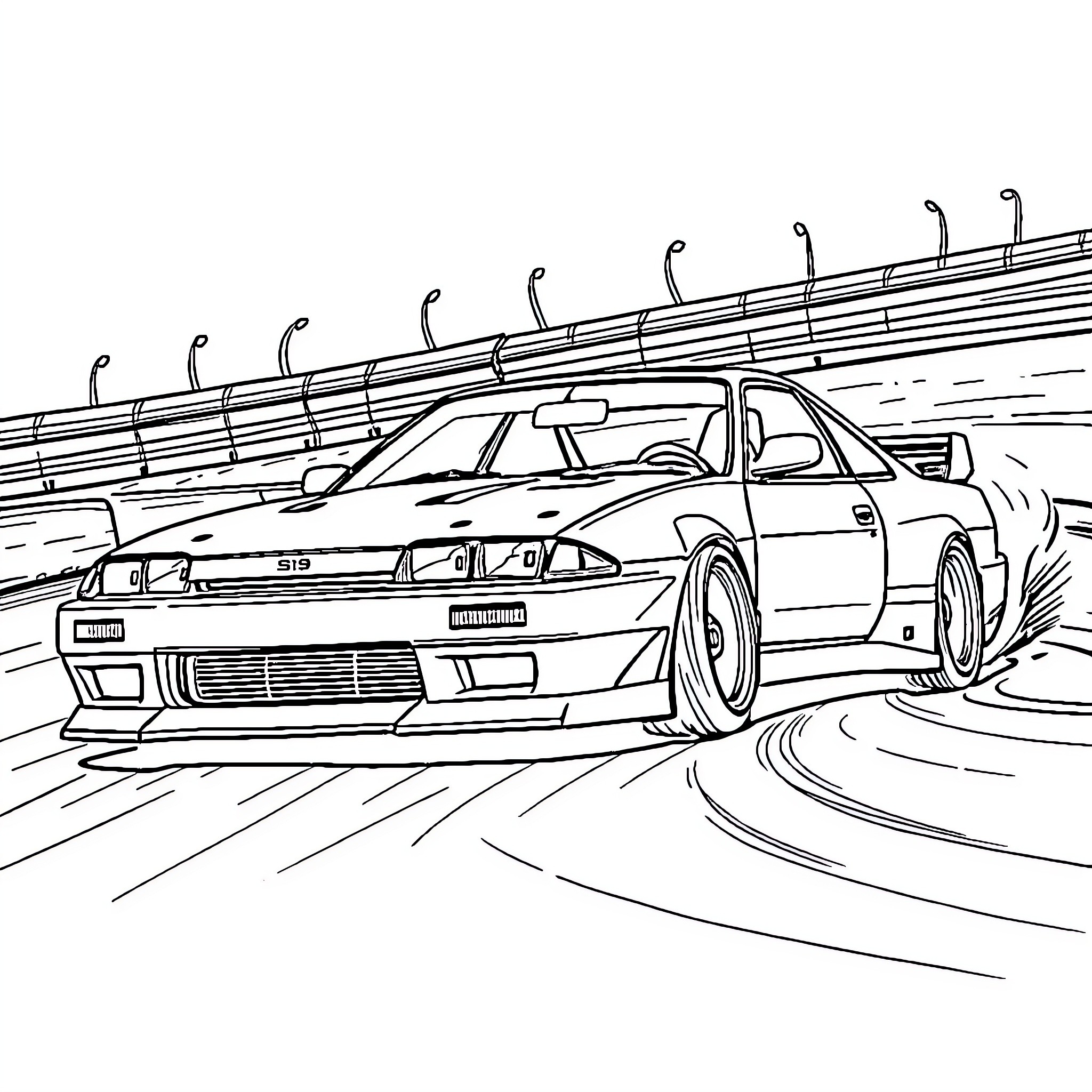 Drifting sports car on racetrack Coloring Page (free black-and-white line drawing printable PDF for all, from beginners to advanced learners, including children, teens, adults, and seniors)
