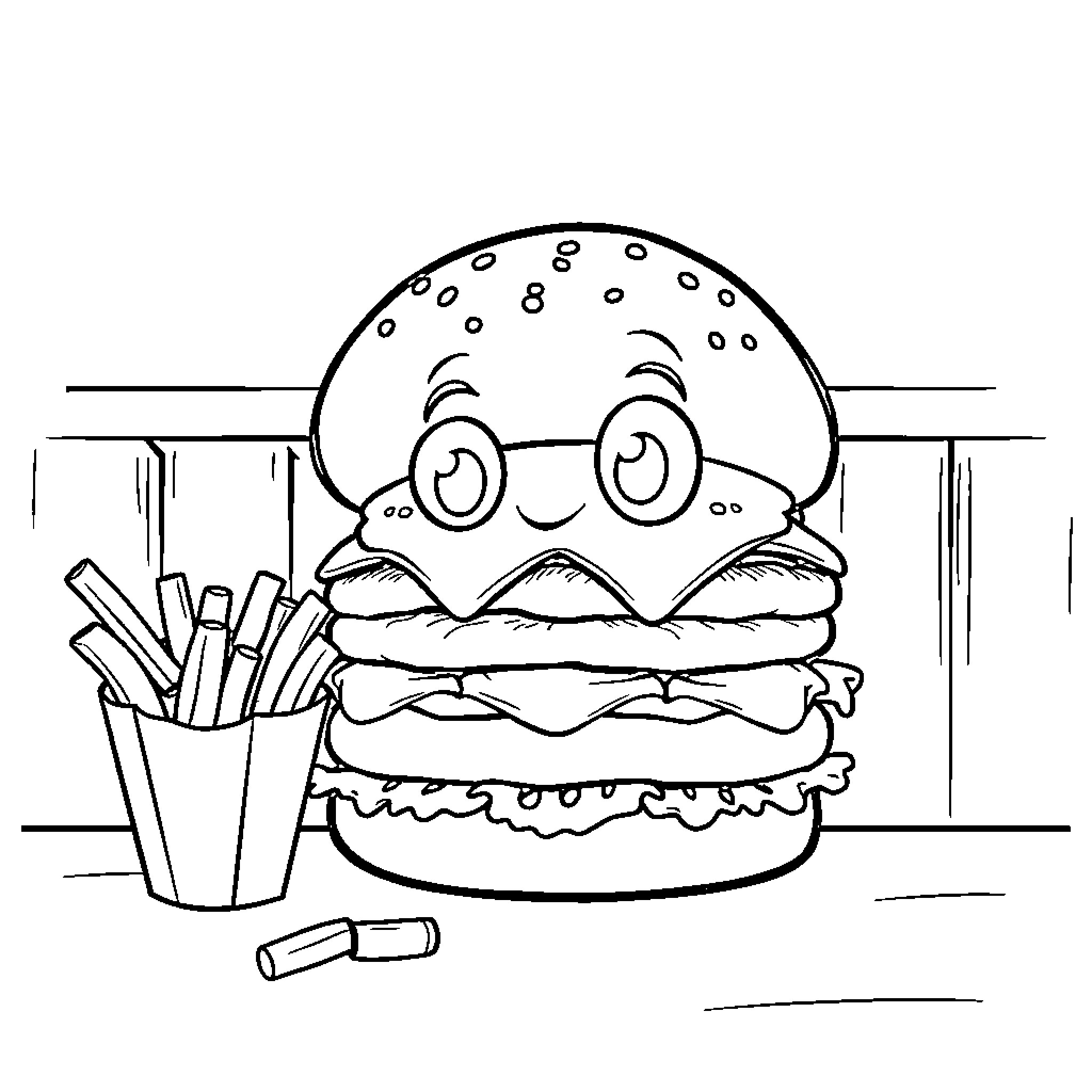 Burger enjoying a tasty snack and fries Coloring Page (free black-and-white line drawing printable PDF for all, from beginners to advanced learners, including children, teens, adults, and seniors)