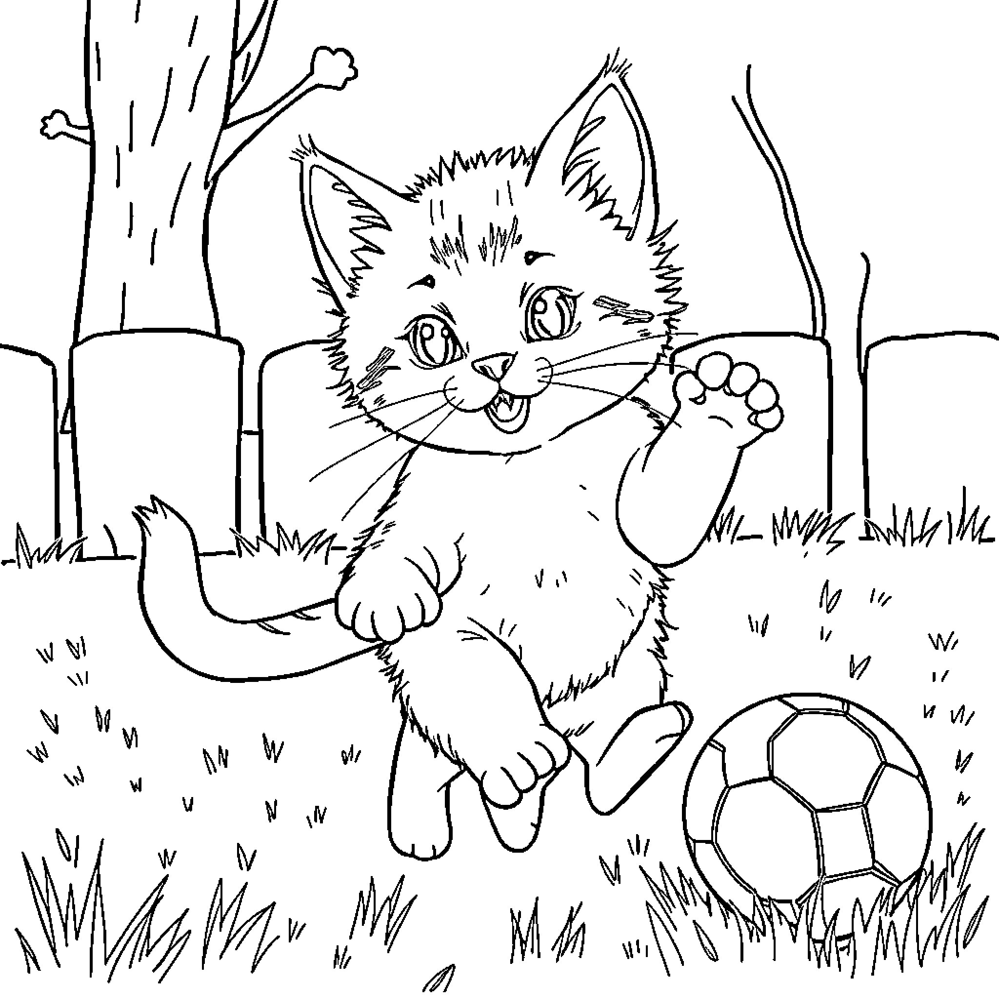 Gato playing with a soccer ball in the park Coloring Page (free black-and-white line drawing printable PDF for all, from beginners to advanced learners, including children, teens, adults, and seniors)