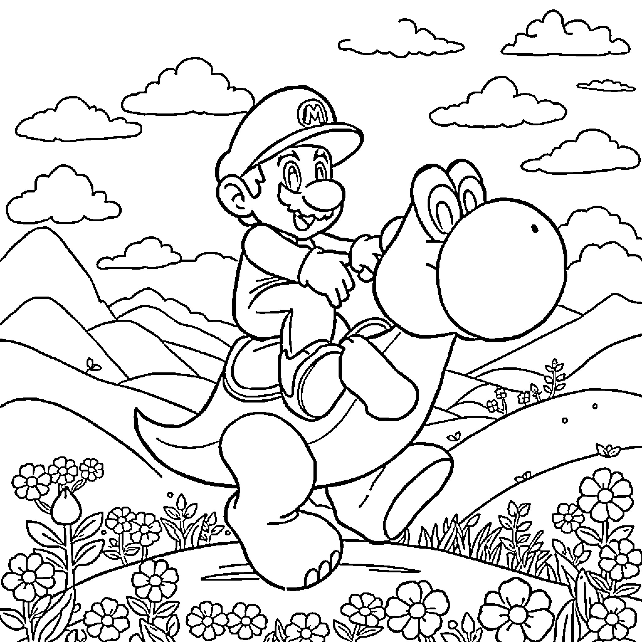 Mario enjoying a joyful ride on Yoshi through the countryside Coloring Page (free black-and-white line drawing printable PDF for all, from beginners to advanced learners, including children, teens, adults, and seniors)