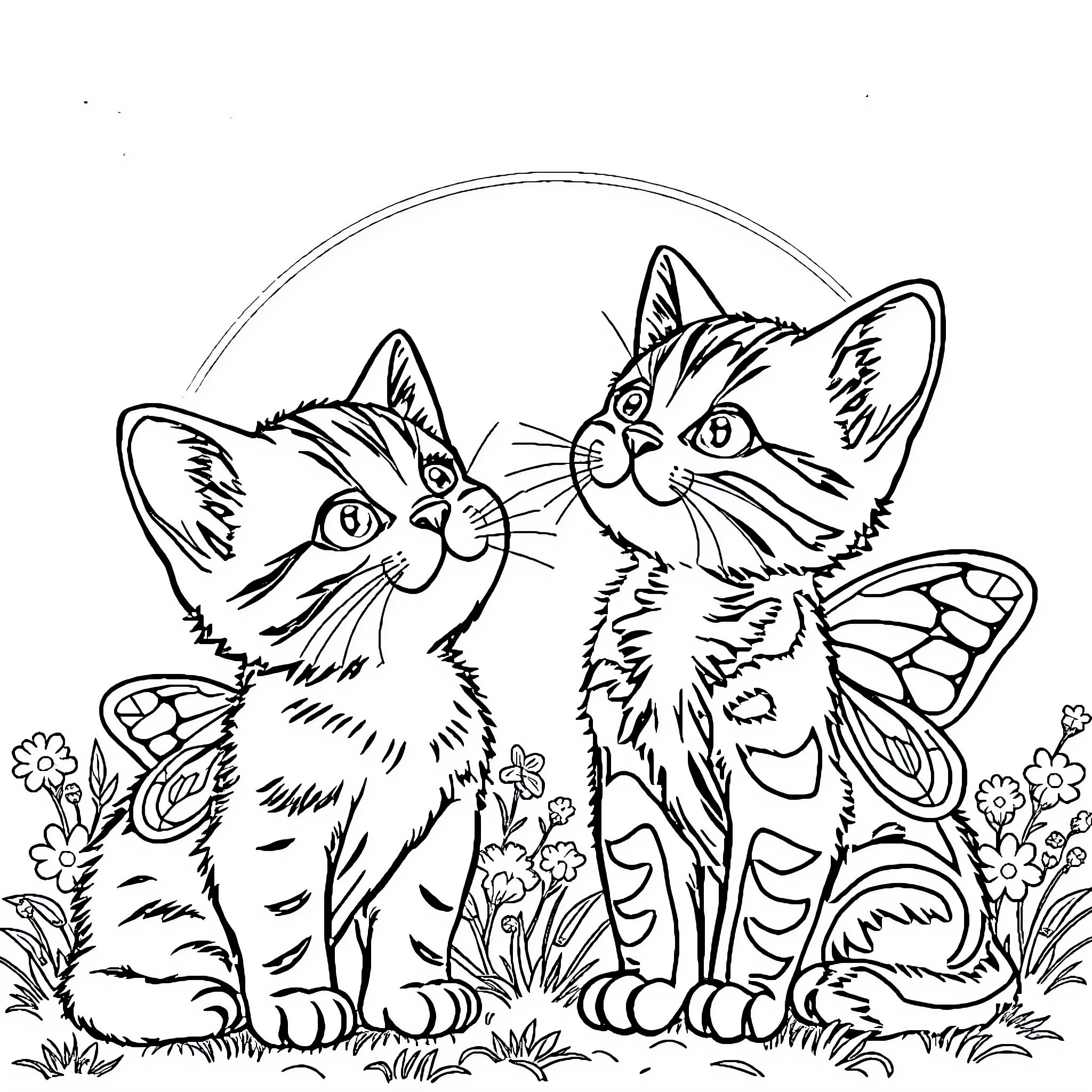 Gatito Cats Playing Playfully in Floral Field Coloring Page (free black-and-white line drawing printable PDF for all, from beginners to advanced learners, including children, teens, adults, and seniors)