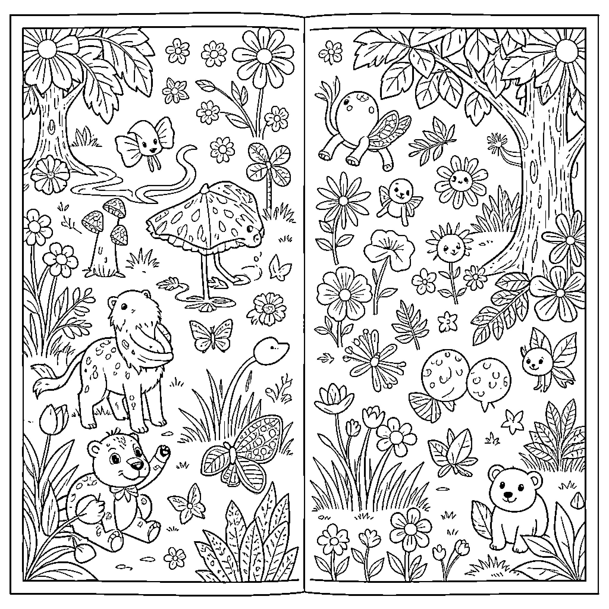 Book featuring woodland creatures and floral designs Coloring Page (free black-and-white line drawing printable PDF for all, from beginners to advanced learners, including children, teens, adults, and seniors)