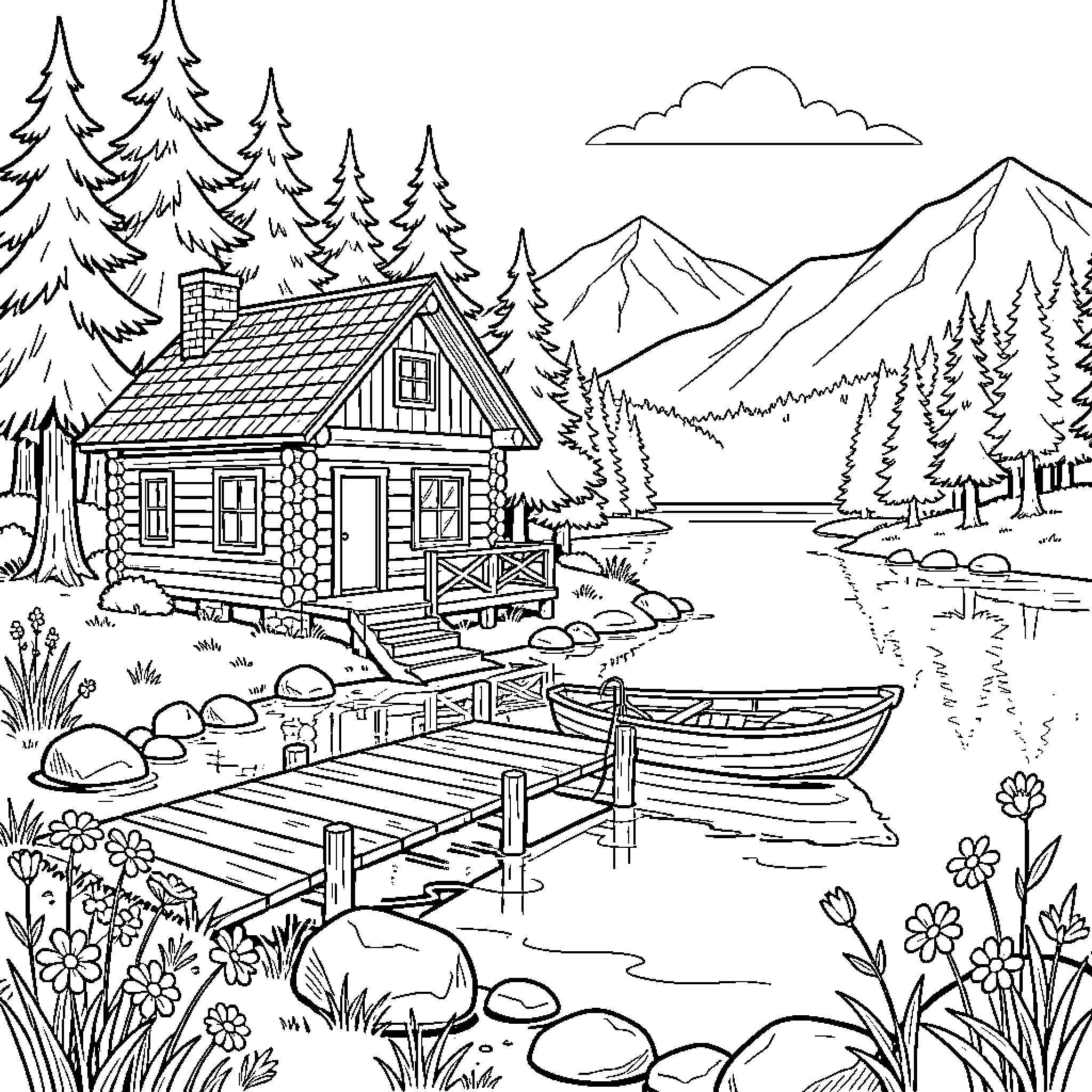 Cabin by a peaceful lake with a small boat Coloring Page (free black-and-white line drawing printable PDF for all, from beginners to advanced learners, including children, teens, adults, and seniors)