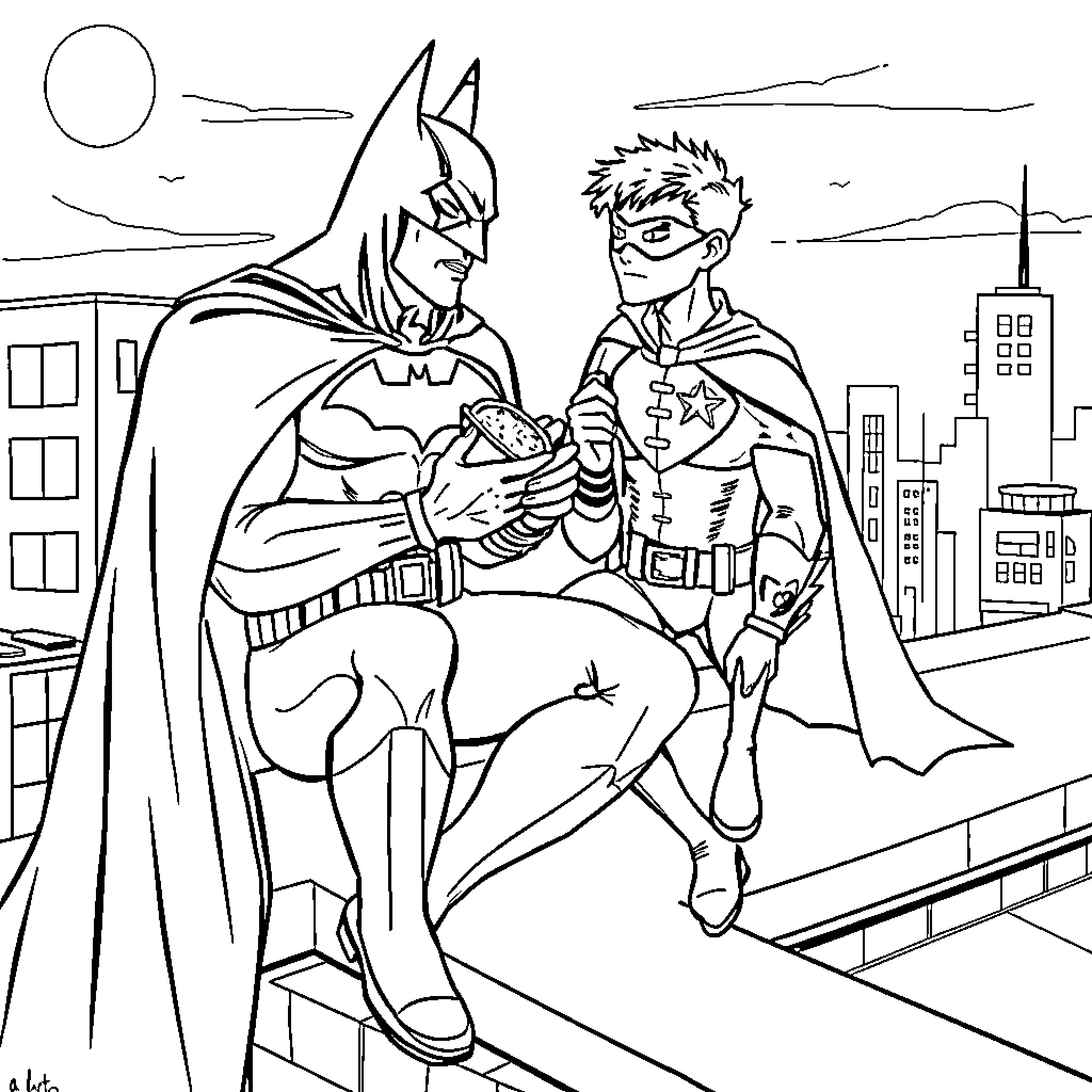 Batman confronts a young hero in the city Coloring Page (free black-and-white line drawing printable PDF for all, from beginners to advanced learners, including children, teens, adults, and seniors)
