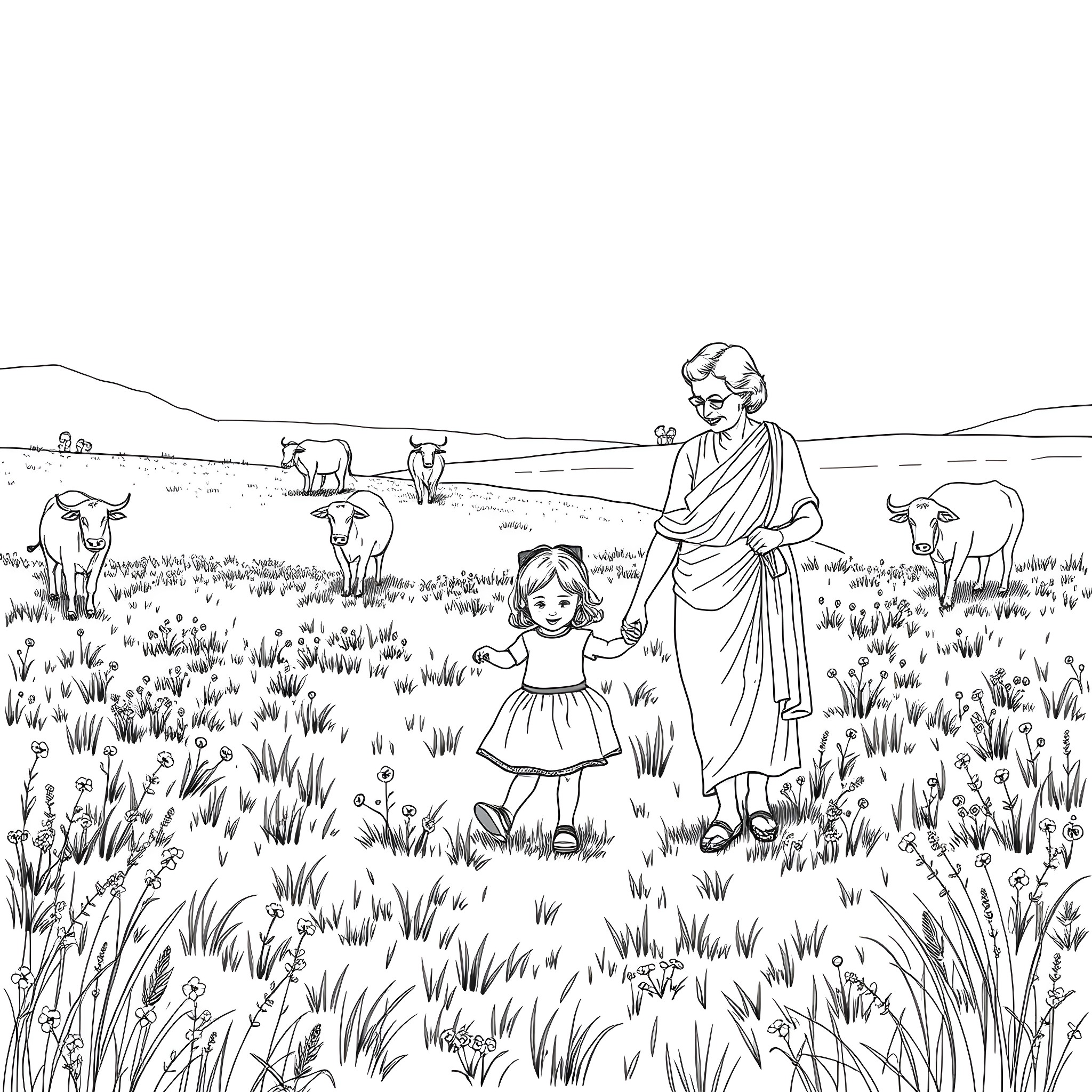 Girl and Woman in Pastoral Countryside Scene Coloring Page (free black-and-white line drawing printable PDF for all, from beginners to advanced learners, including children, teens, adults, and seniors)
