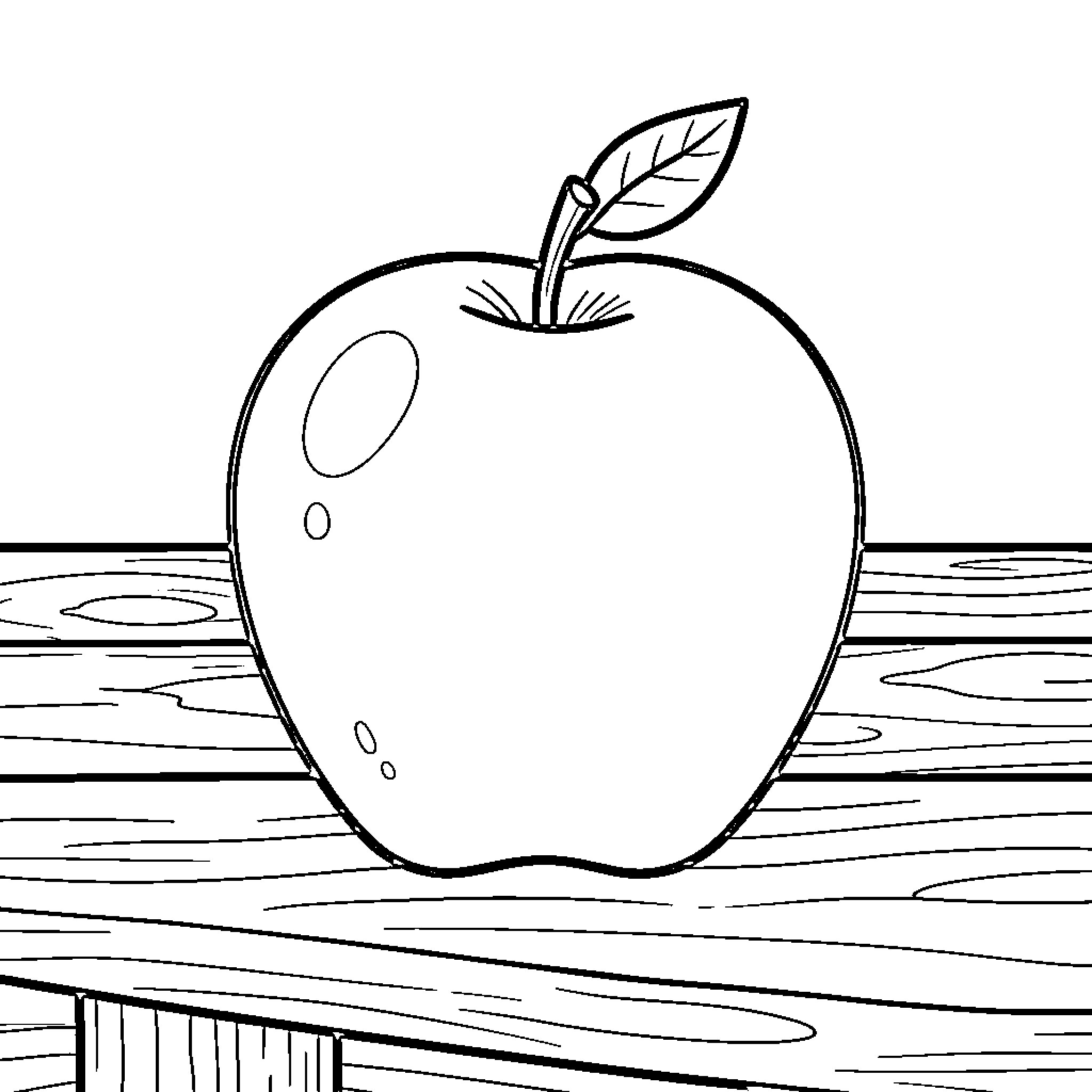 Apple on a wooden table Coloring Page (free black-and-white line drawing printable PDF for all, from beginners to advanced learners, including children, teens, adults, and seniors)