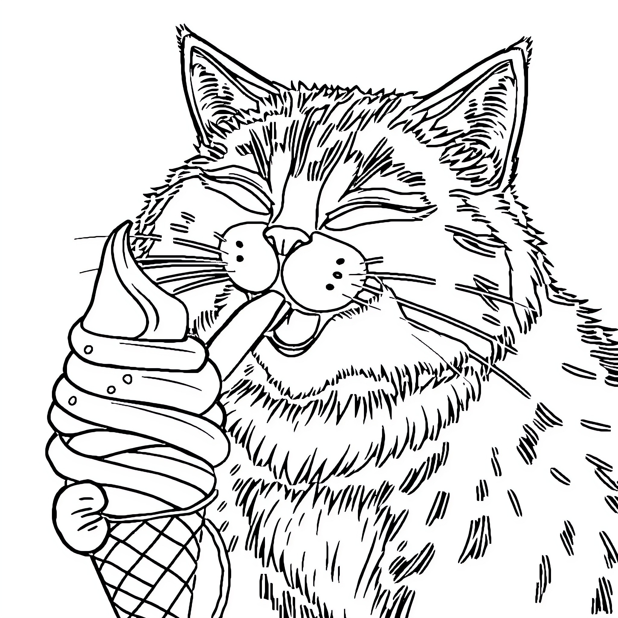Cat enjoying an ice cream cone Coloring Page (free black-and-white line drawing printable PDF for all, from beginners to advanced learners, including children, teens, adults, and seniors)