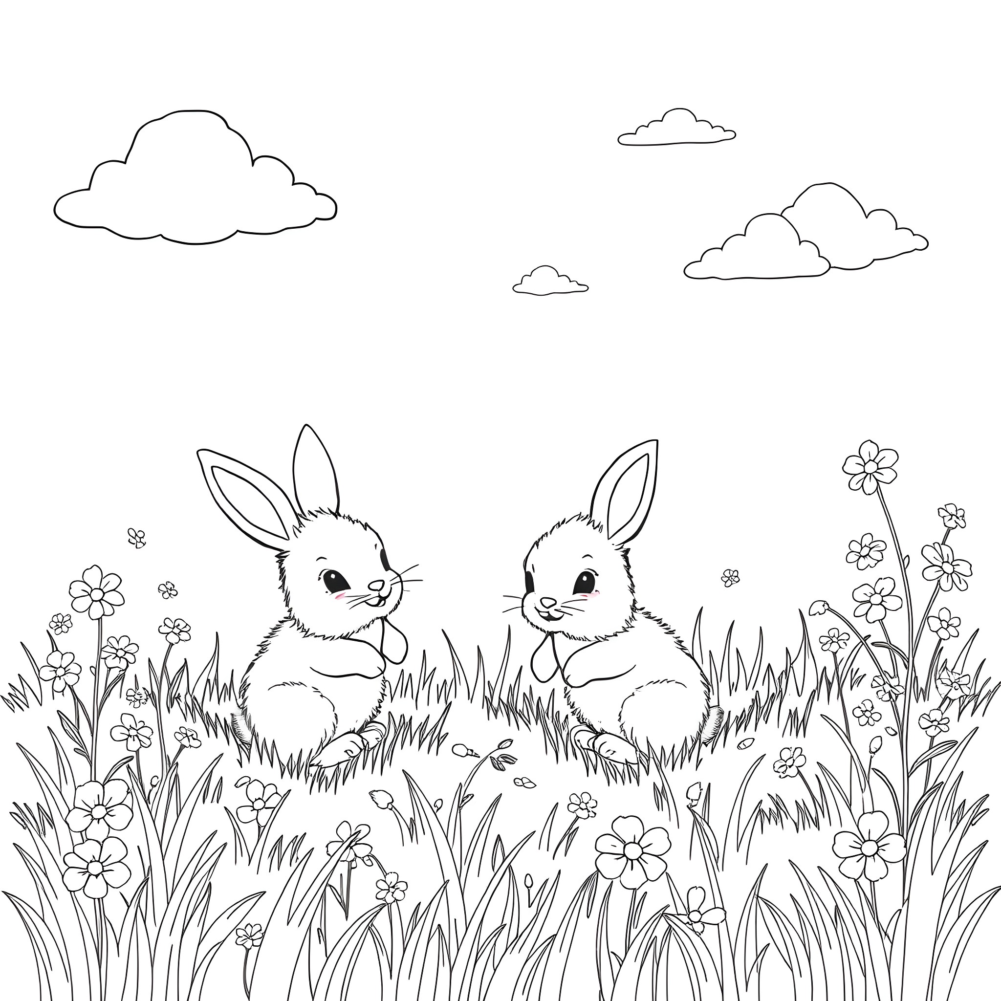 Bunny rabbits playing in a flowery meadow Coloring Page (free black-and-white line drawing printable PDF for all, from beginners to advanced learners, including children, teens, adults, and seniors)