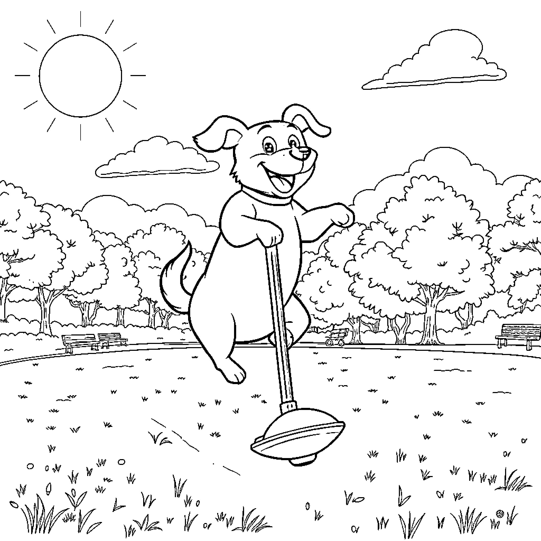 Dog happily walking with a cane in the park Coloring Page (free black-and-white line drawing printable PDF for all, from beginners to advanced learners, including children, teens, adults, and seniors)