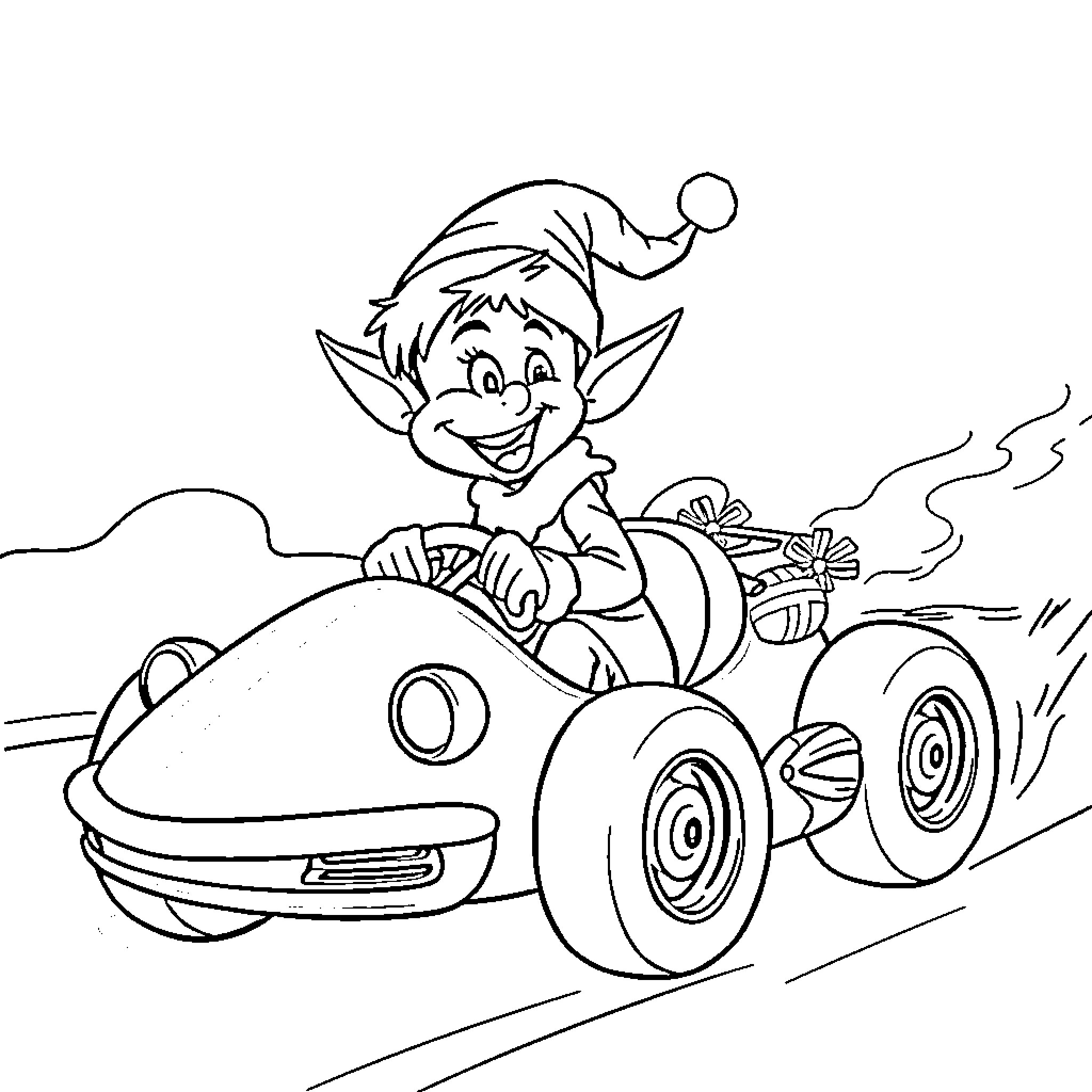 Elf riding a whimsical vehicle Coloring Page (free black-and-white line drawing printable PDF for all, from beginners to advanced learners, including children, teens, adults, and seniors)