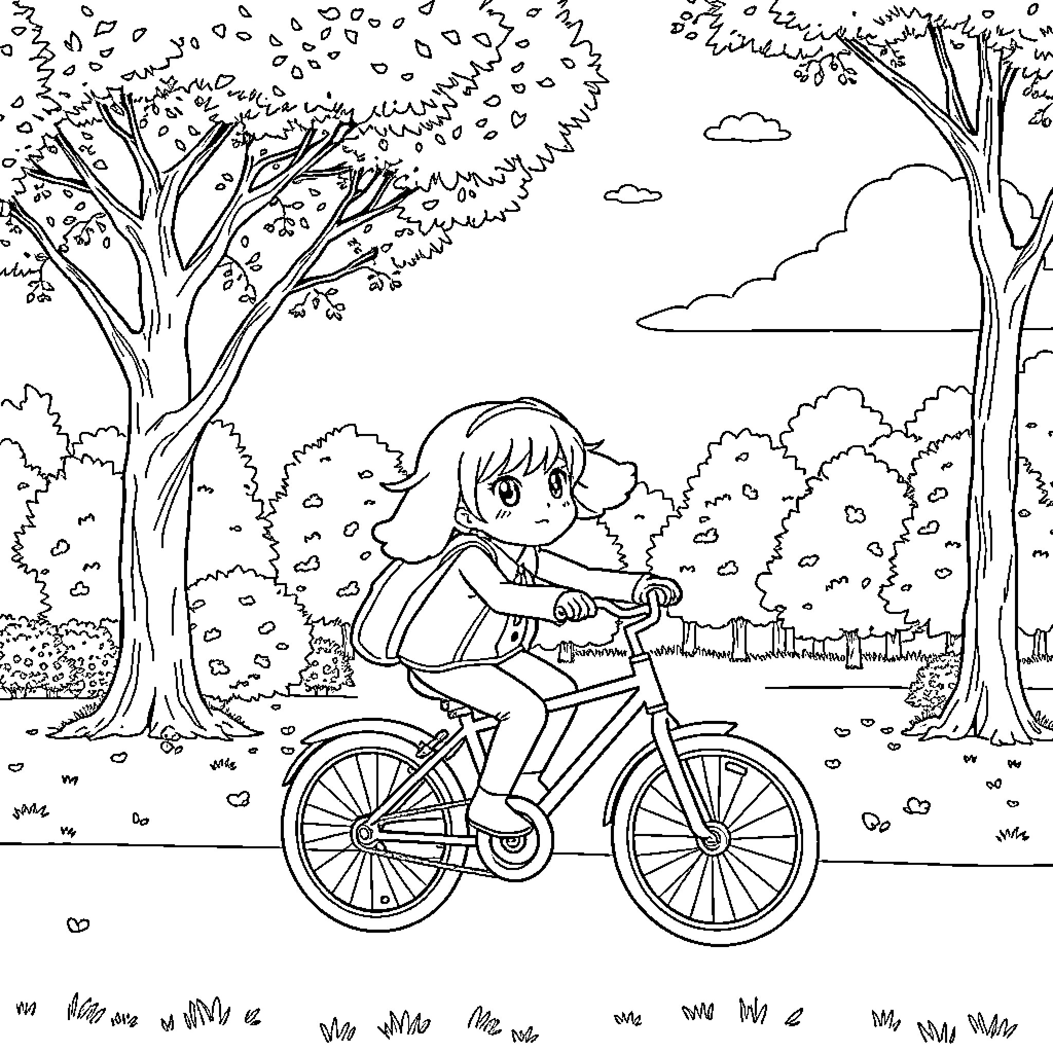 Kuromi riding a bicycle in a peaceful forest Coloring Page (free black-and-white line drawing printable PDF for all, from beginners to advanced learners, including children, teens, adults, and seniors)