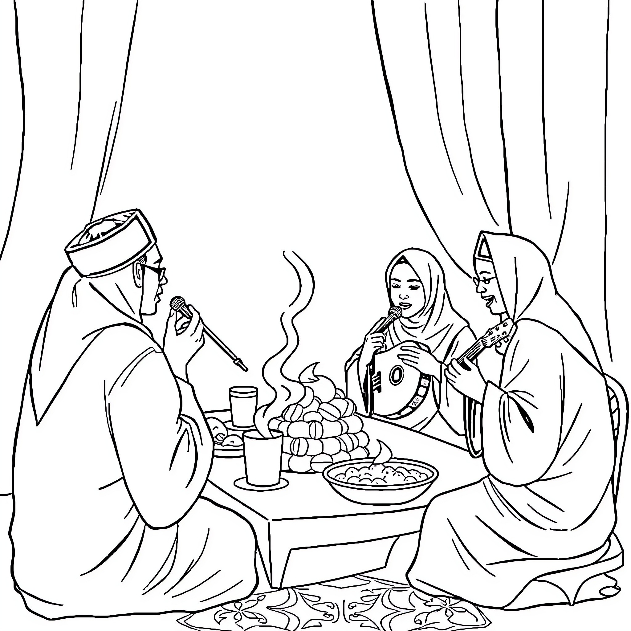 Sahur with family during Ramadan Coloring Page (free black-and-white line drawing printable PDF for all, from beginners to advanced learners, including children, teens, adults, and seniors)