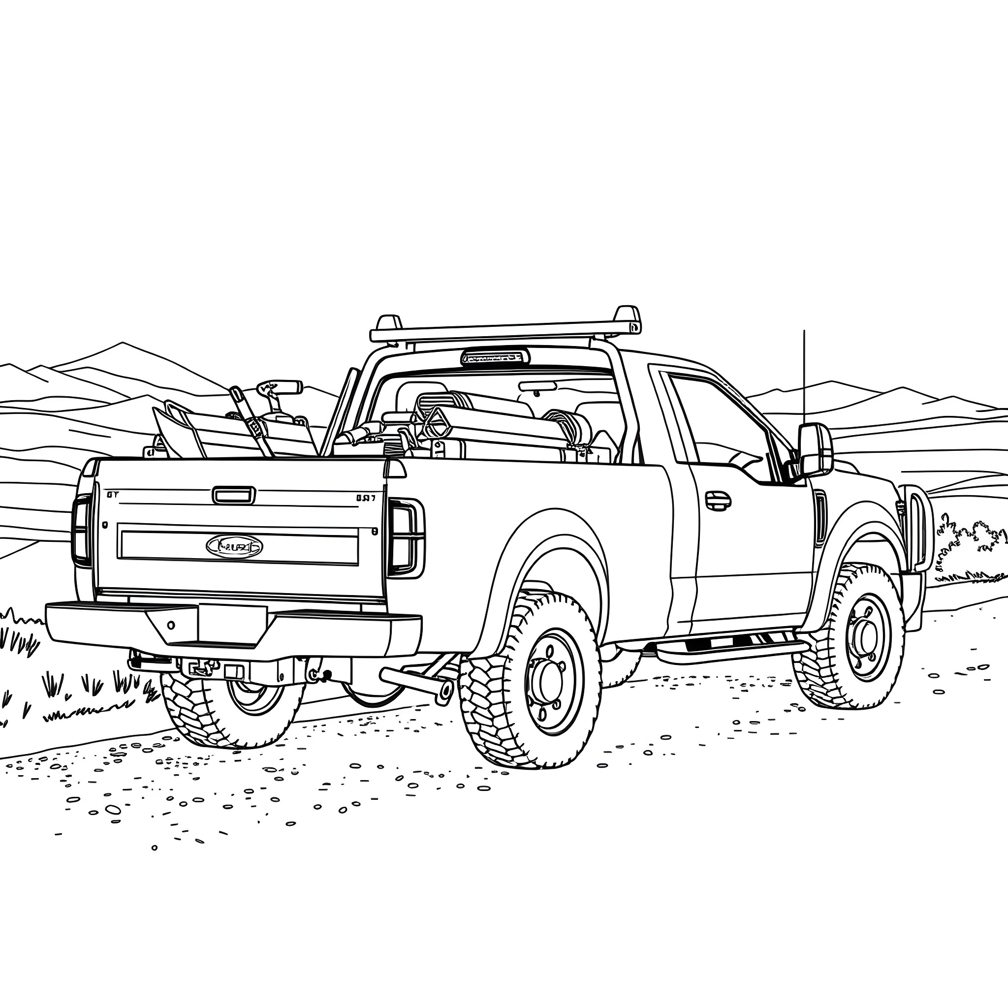 Truck with utility gear in rugged outdoor scene Coloring Page (free black-and-white line drawing printable PDF for all, from beginners to advanced learners, including children, teens, adults, and seniors)