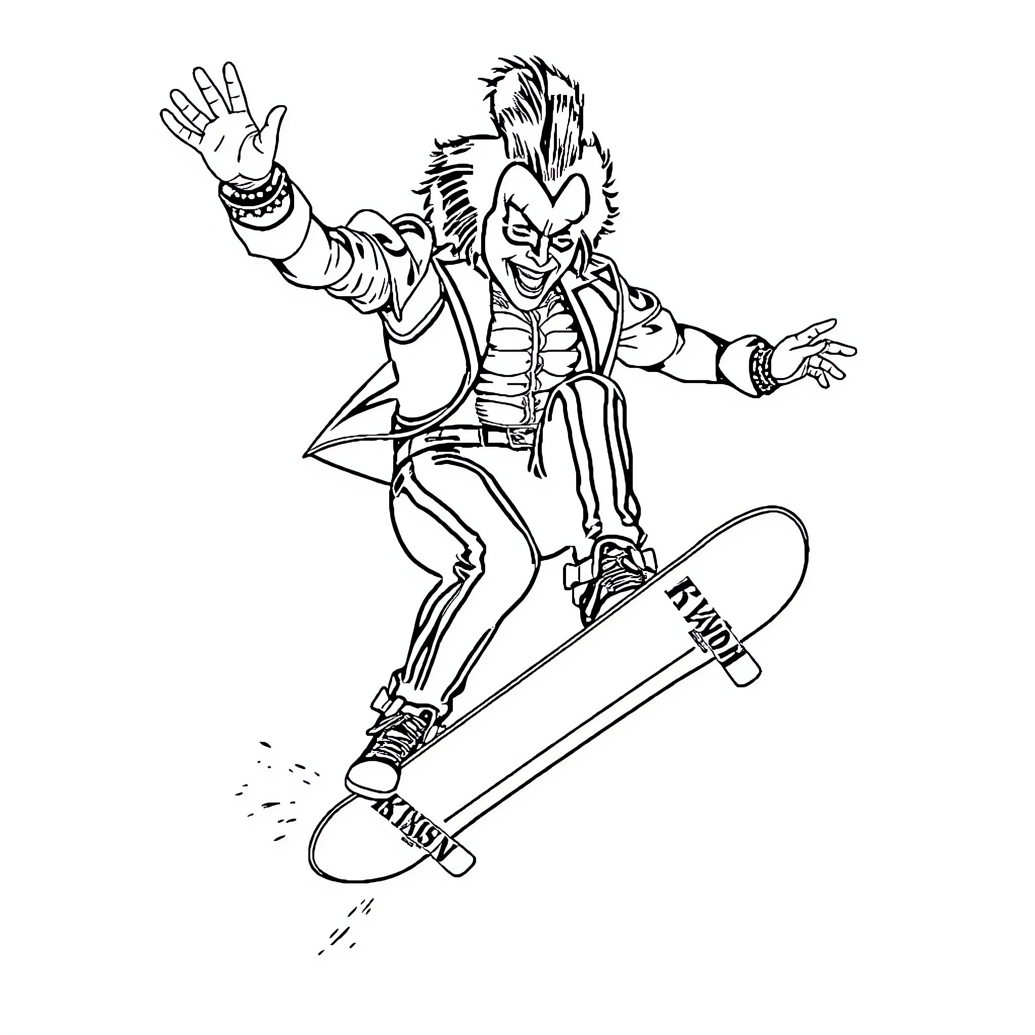 Gene Simmons performing rock star moves on a skateboard Coloring Page (free black-and-white line drawing printable PDF for all, from beginners to advanced learners, including children, teens, adults, and seniors)