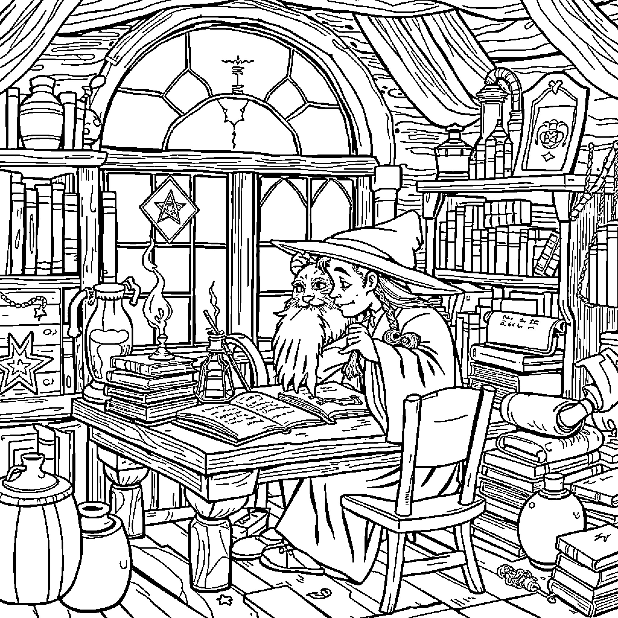 Wizard studying ancient tomes in his magical workshop Coloring Page (free black-and-white line drawing printable PDF for all, from beginners to advanced learners, including children, teens, adults, and seniors)
