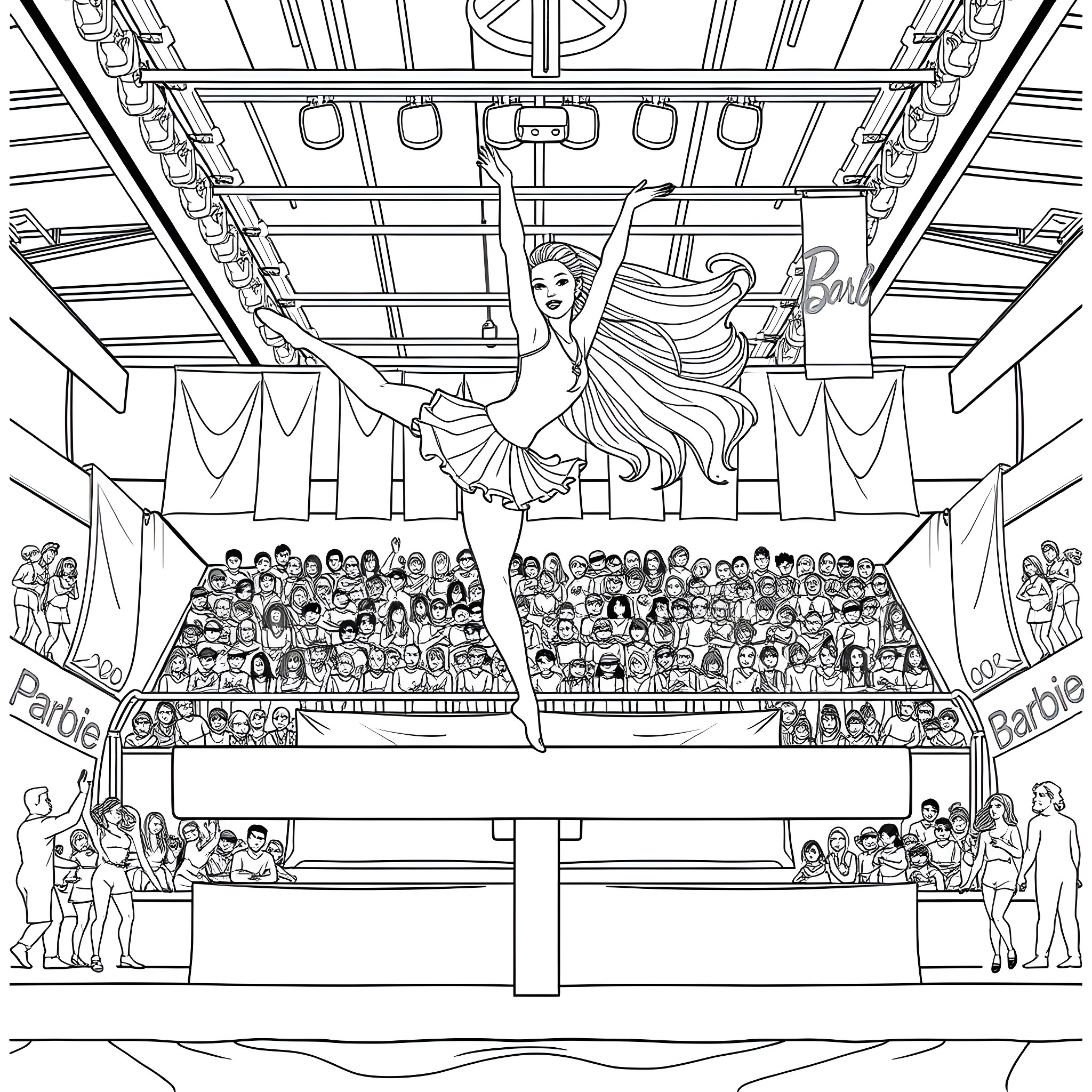 Barbie performs on a stage with a crowd of people Coloring Page (free black-and-white line drawing printable PDF for all, from beginners to advanced learners, including children, teens, adults, and seniors)