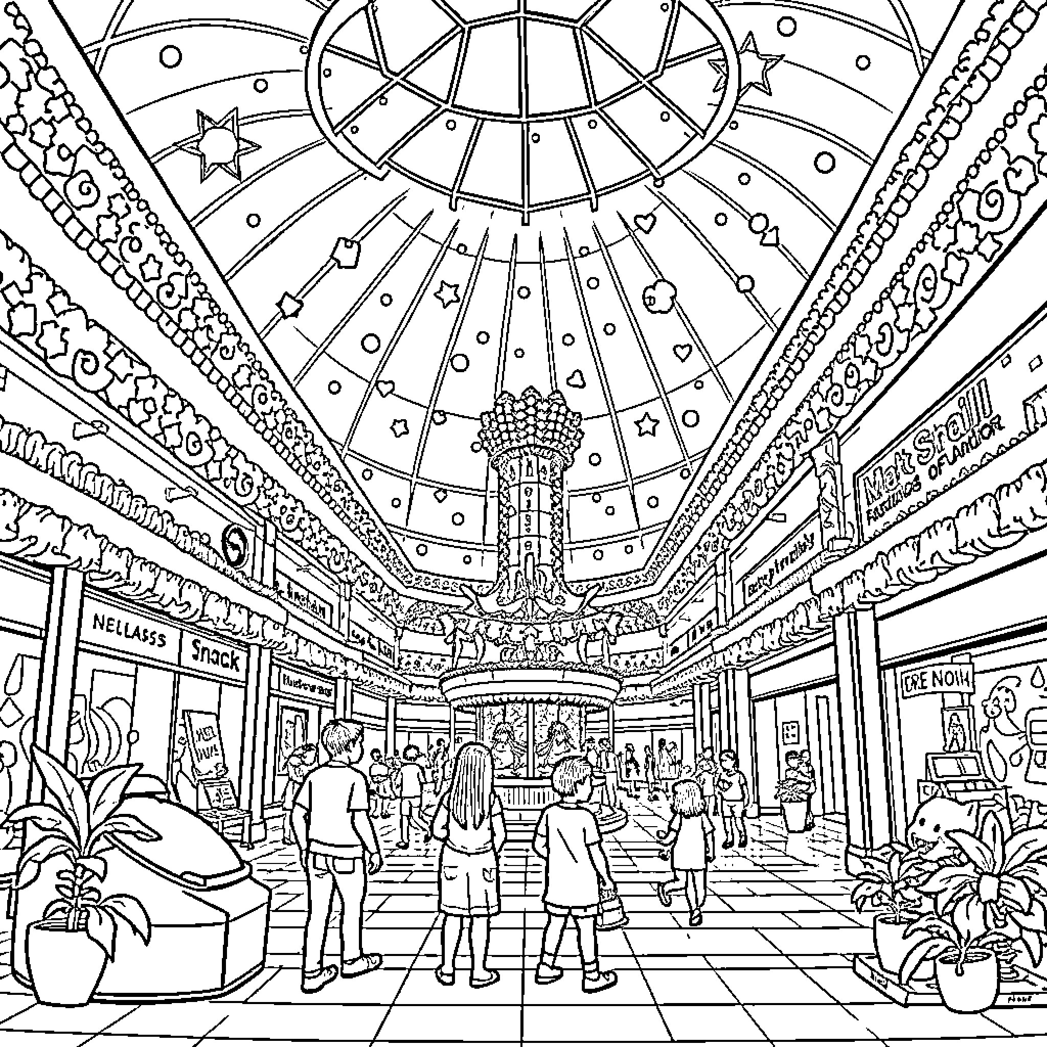 Mall with Intricate Architectural Ceiling and Shoppers Coloring Page (free black-and-white line drawing printable PDF for all, from beginners to advanced learners, including children, teens, adults, and seniors)