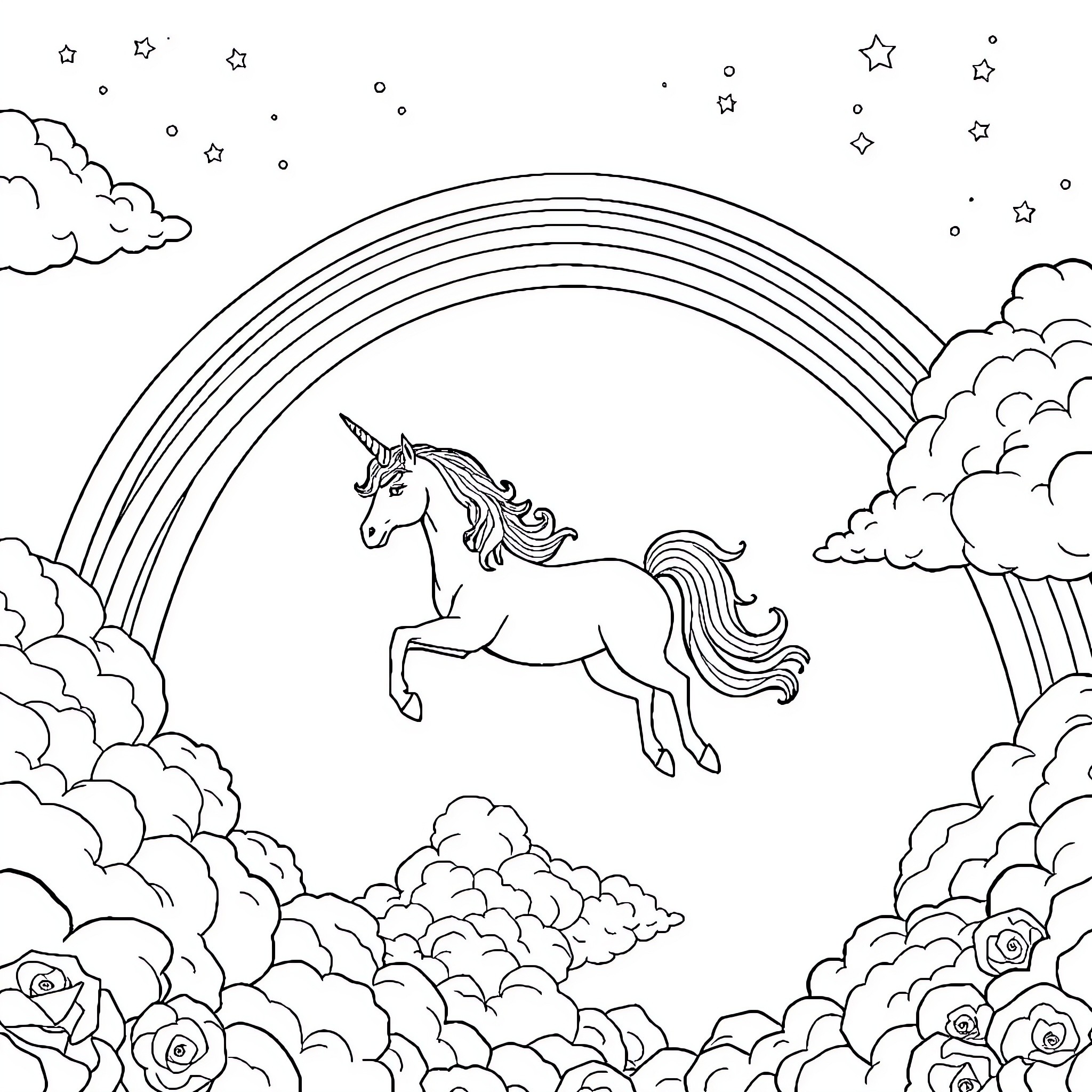 Unicorn leaping through a magical rainbow sky Coloring Page (free black-and-white line drawing printable PDF for all, from beginners to advanced learners, including children, teens, adults, and seniors)