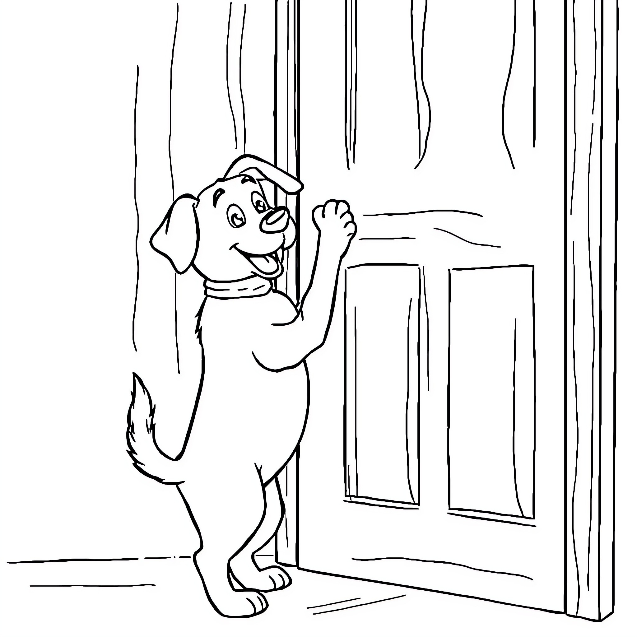 Dog playing near open door Coloring Page (free black-and-white line drawing printable PDF for all, from beginners to advanced learners, including children, teens, adults, and seniors)