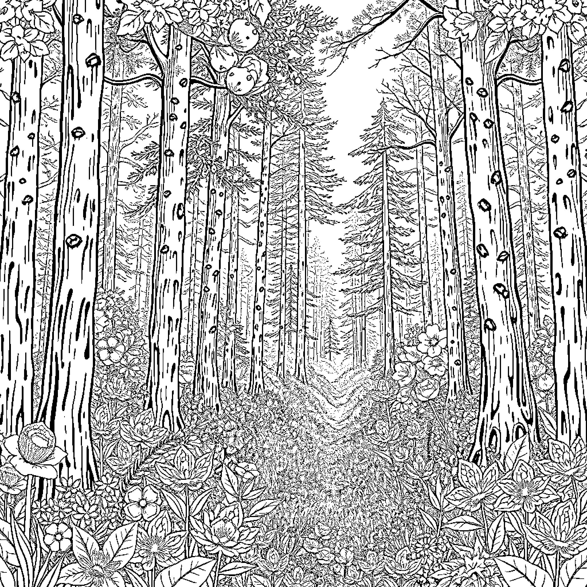 Forest Trail Through Lush Floral Foliage Coloring Page (free black-and-white line drawing printable PDF for all, from beginners to advanced learners, including children, teens, adults, and seniors)