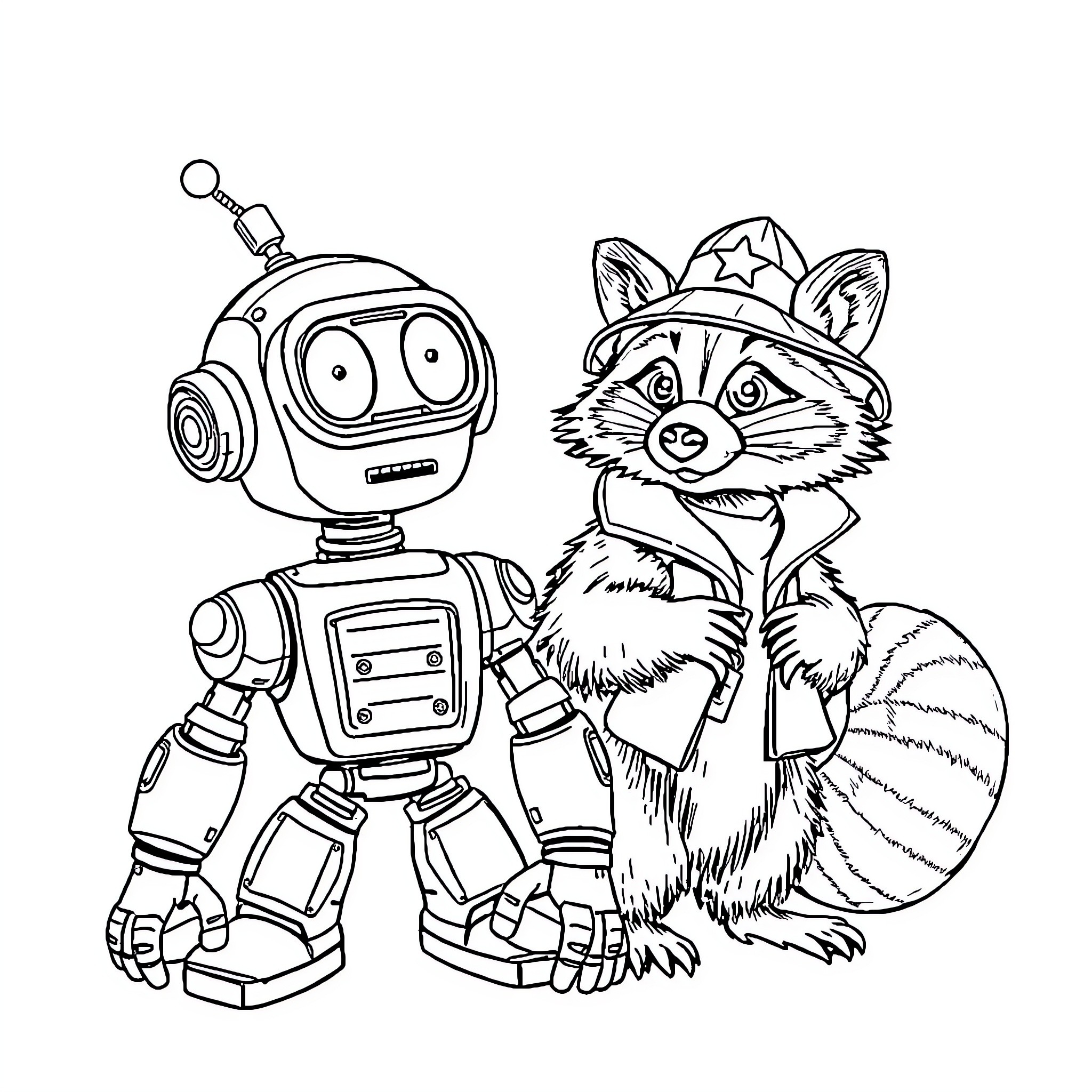 Robot and Raccoon Officer in Costume Coloring Page (free black-and-white line drawing printable PDF for all, from beginners to advanced learners, including children, teens, adults, and seniors)