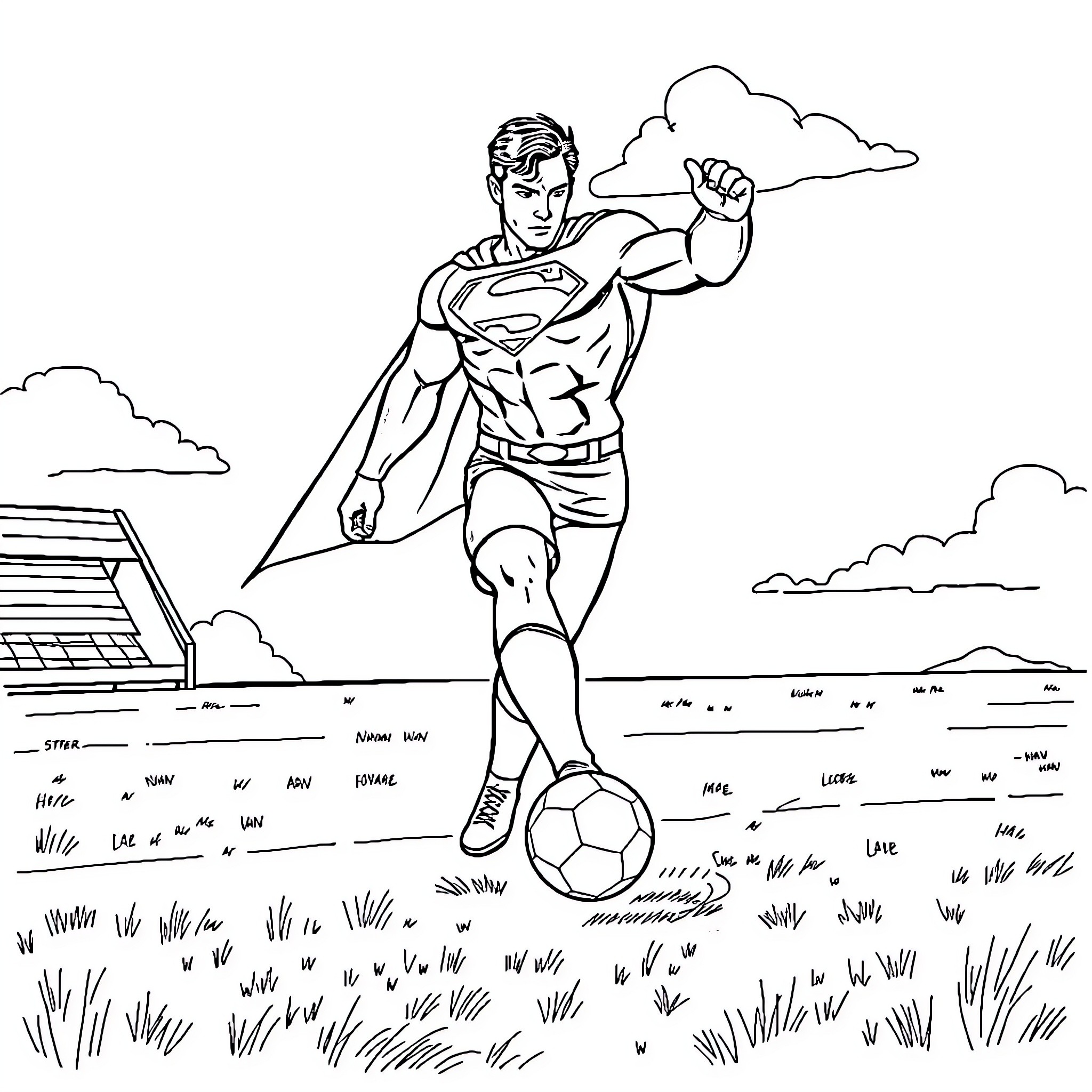 Superman kicking soccer ball in grassy field Coloring Page (free black-and-white line drawing printable PDF for all, from beginners to advanced learners, including children, teens, adults, and seniors)