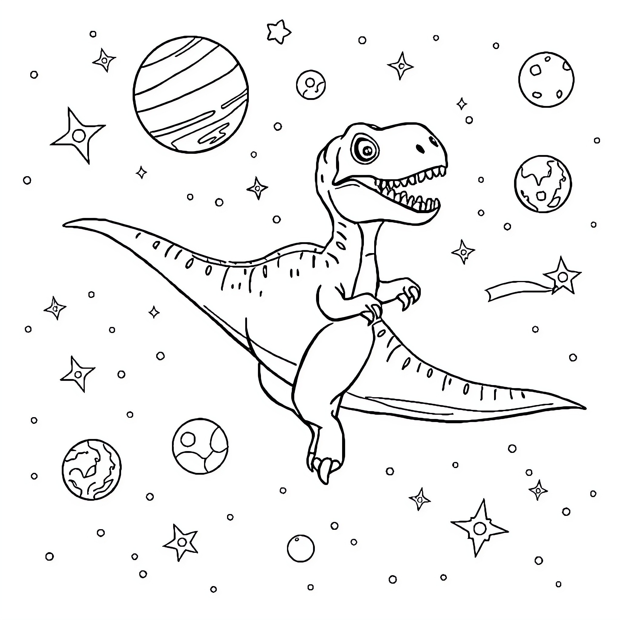 Dinosaur exploring the cosmic galaxy Coloring Page (free black-and-white line drawing printable PDF for all, from beginners to advanced learners, including children, teens, adults, and seniors)