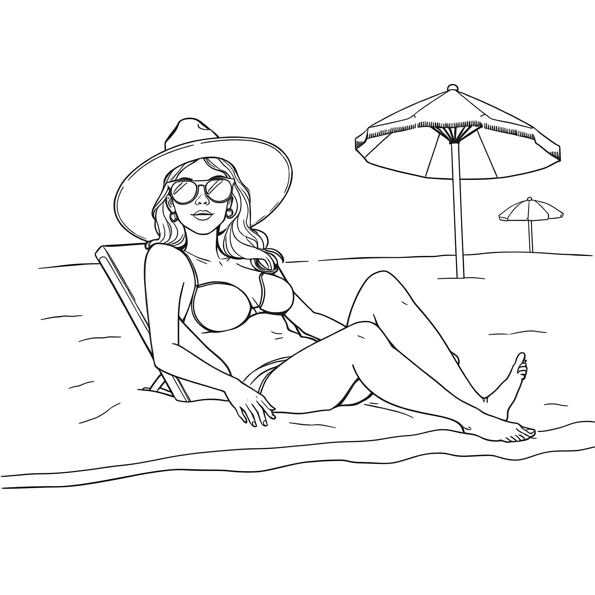 Mama relaxing by the beach with umbrella Coloring Page (free black-and-white line drawing printable PDF for all, from beginners to advanced learners, including children, teens, adults, and seniors)