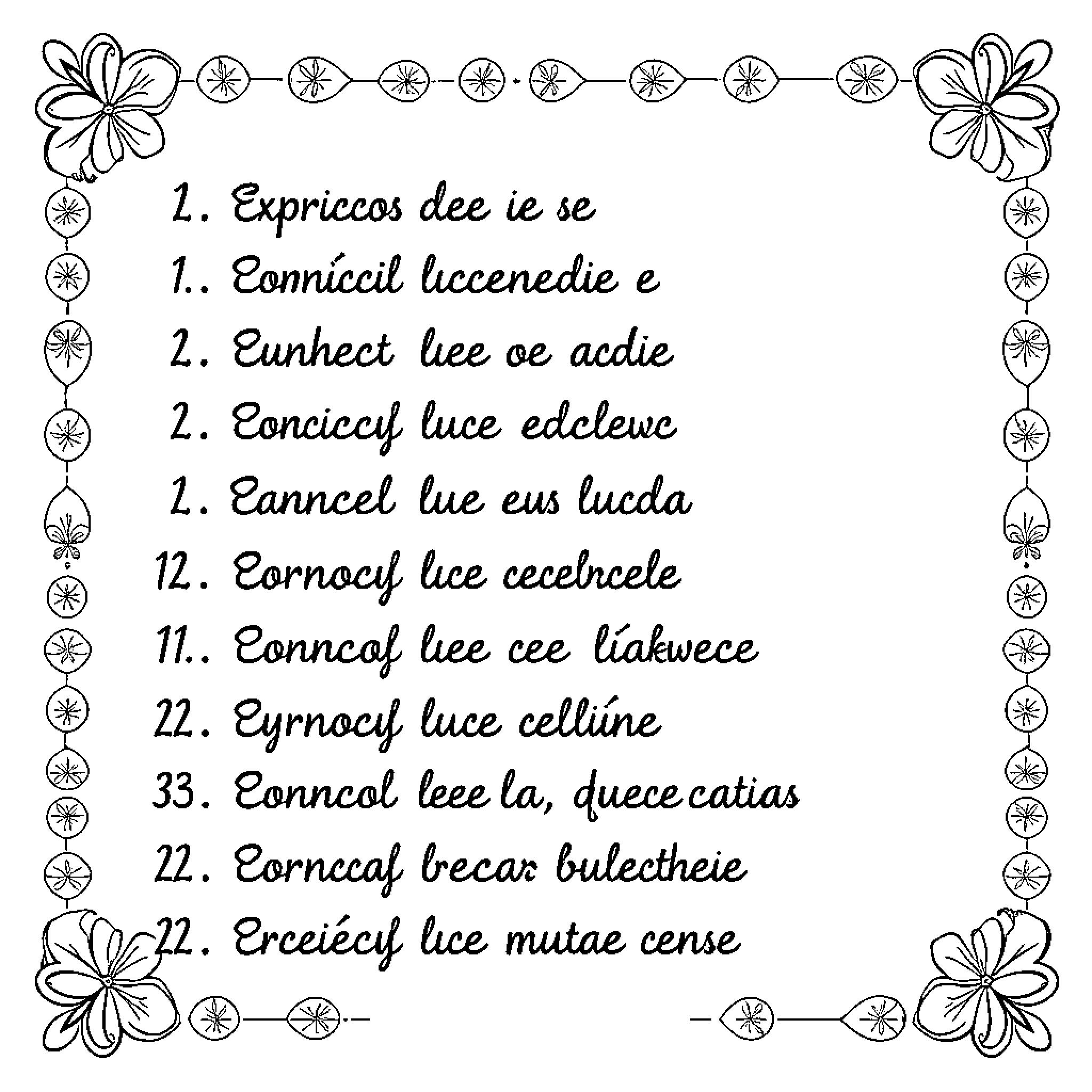 Flowery text with numbered list Coloring Page (free black-and-white line drawing printable PDF for all, from beginners to advanced learners, including children, teens, adults, and seniors)
