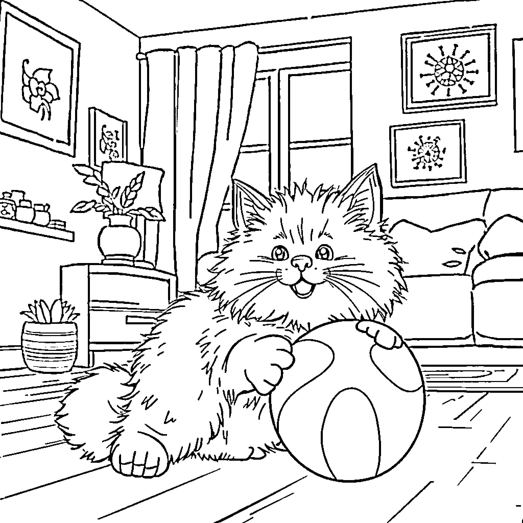 Cat playing with a ball in the living room Coloring Page (free black-and-white line drawing printable PDF for all, from beginners to advanced learners, including children, teens, adults, and seniors)