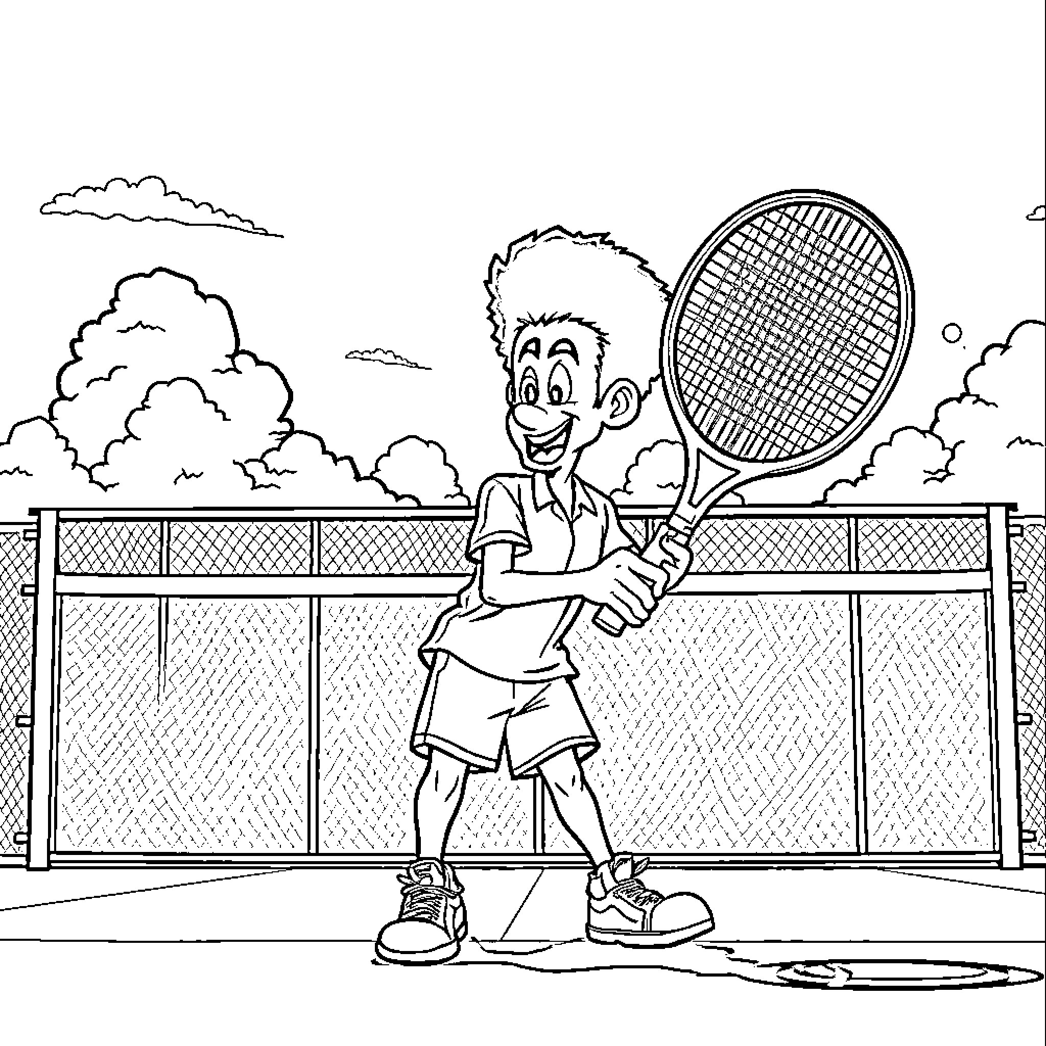 Marvin Enjoys Tennis on the Court Coloring Page (free black-and-white line drawing printable PDF for all, from beginners to advanced learners, including children, teens, adults, and seniors)