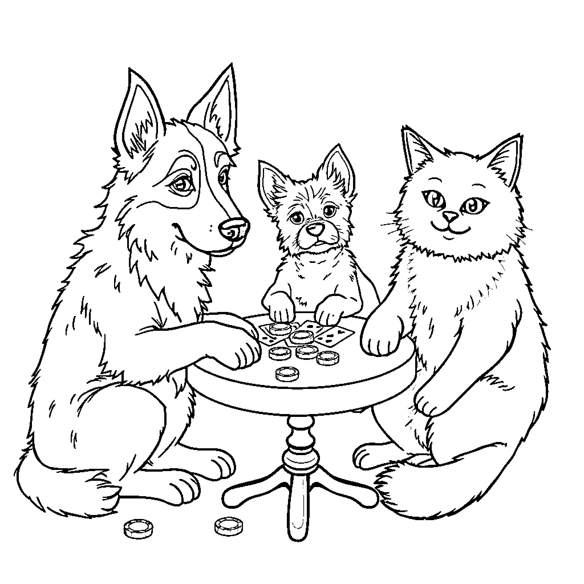 Dog and Cat Playing Board Games Together Coloring Page (free black-and-white line drawing printable PDF for all, from beginners to advanced learners, including children, teens, adults, and seniors)