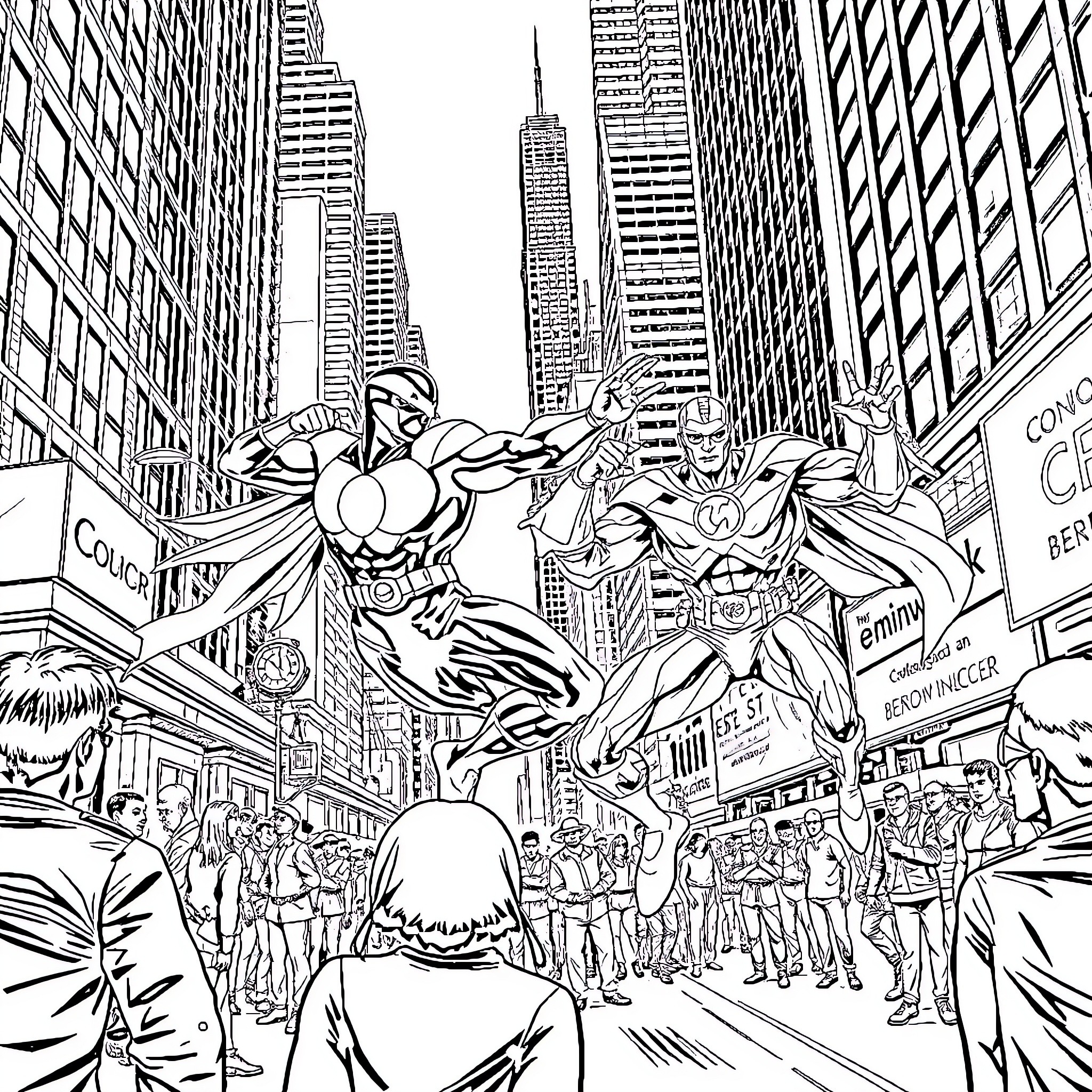 Omni Man battles heroes in a bustling city Coloring Page (free black-and-white line drawing printable PDF for all, from beginners to advanced learners, including children, teens, adults, and seniors)