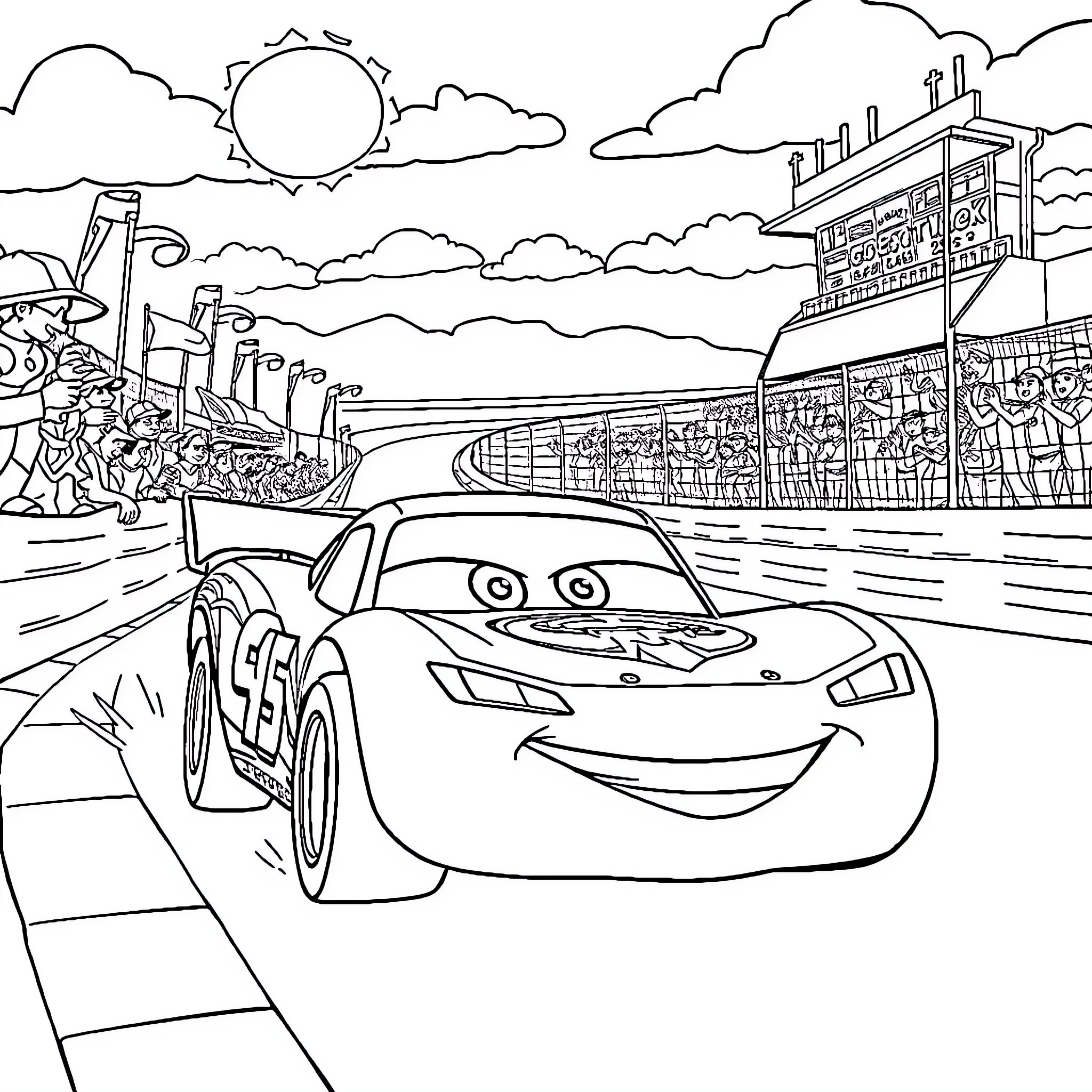 Lightning McQueen racing on the track with spectators Coloring Page (free black-and-white line drawing printable PDF for all, from beginners to advanced learners, including children, teens, adults, and seniors)