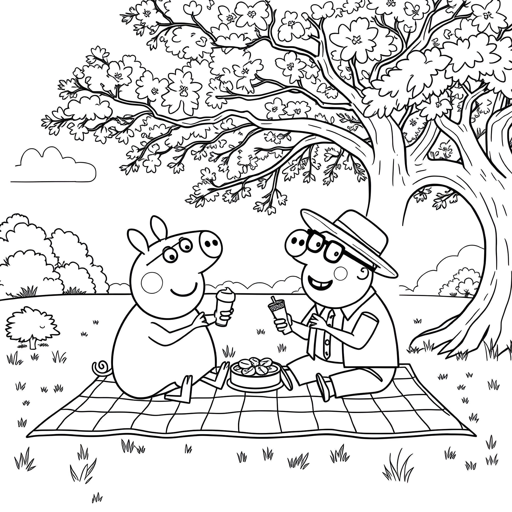 Peppa Pig and Daddy Pig enjoying a picnic in the park Coloring Page (free black-and-white line drawing printable PDF for all, from beginners to advanced learners, including children, teens, adults, and seniors)