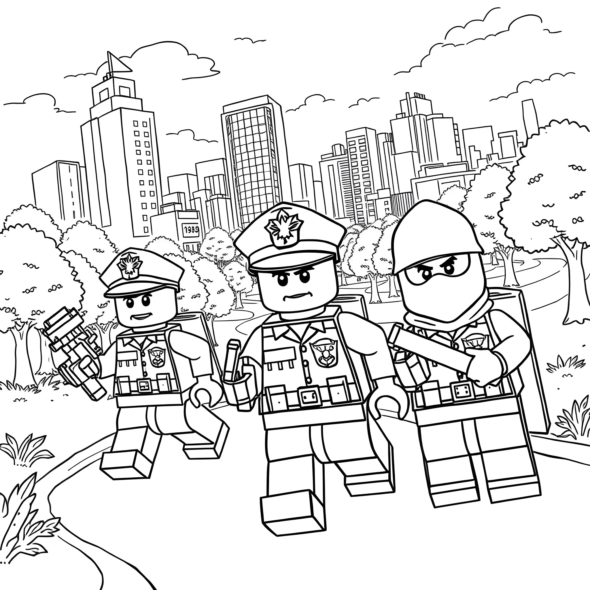 Lego police officers in action on city streets Coloring Page (free black-and-white line drawing printable PDF for all, from beginners to advanced learners, including children, teens, adults, and seniors)