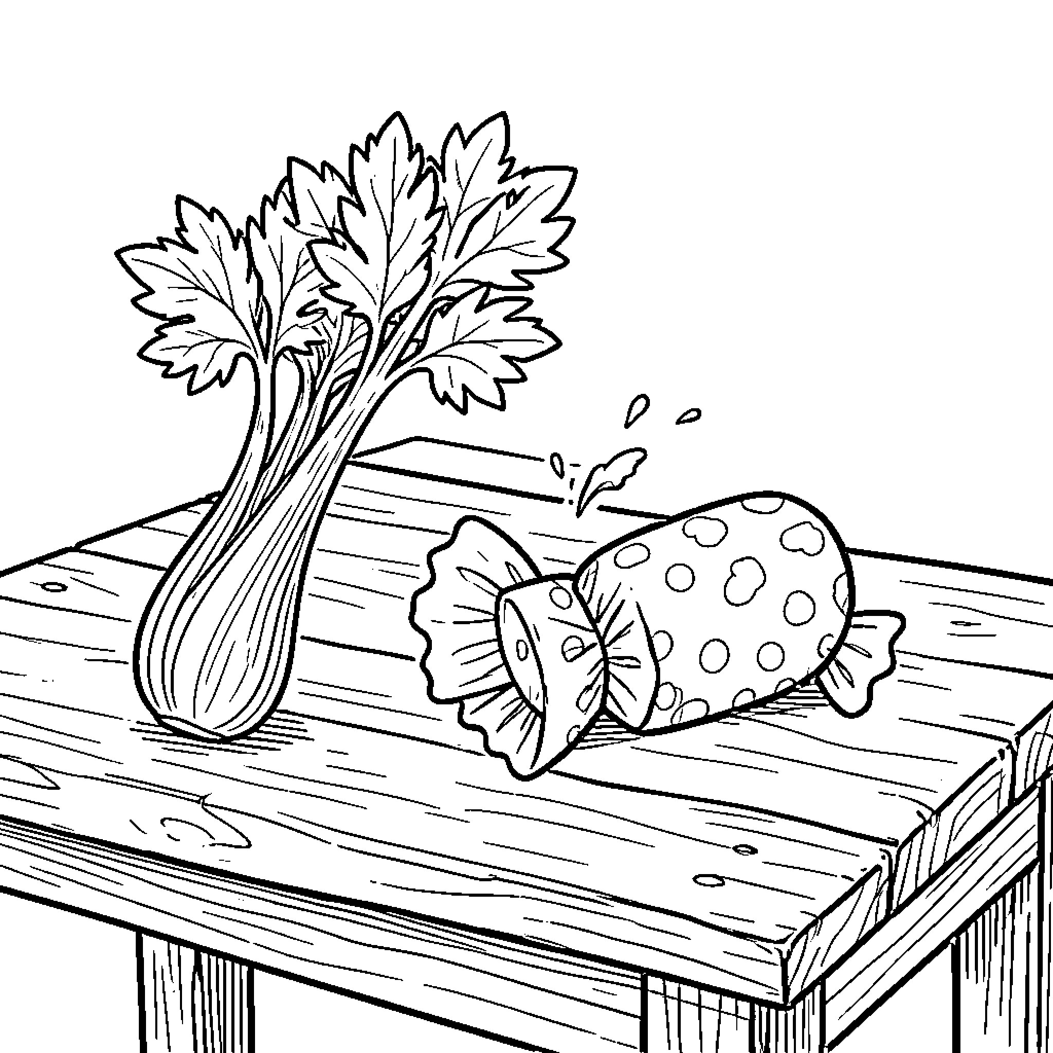 Celery stalk resting beside a wrapped candy on a wooden table Coloring Page (free black-and-white line drawing printable PDF for all, from beginners to advanced learners, including children, teens, adults, and seniors)